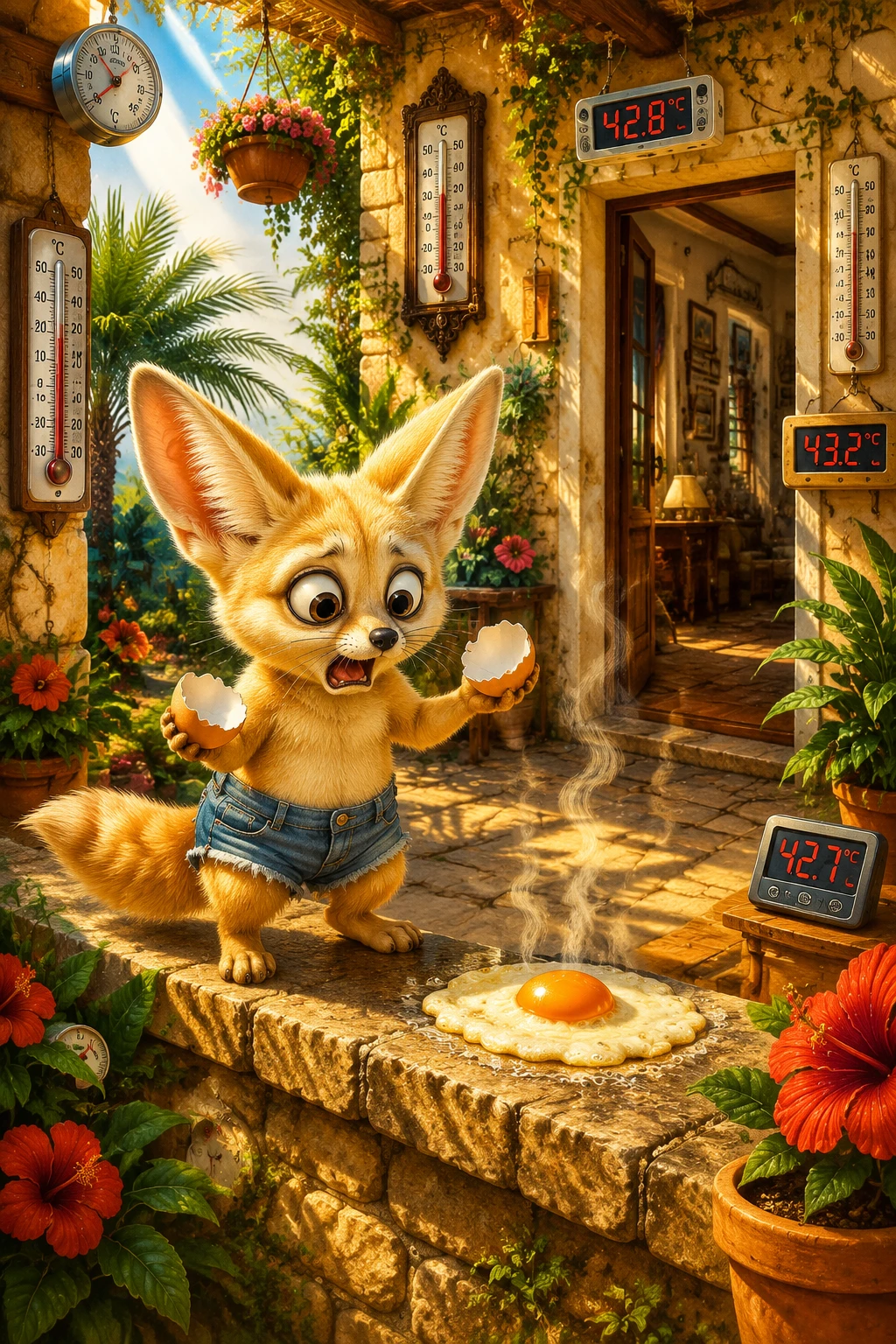 Cartoon fennec fox frying an egg on a hot terrace
