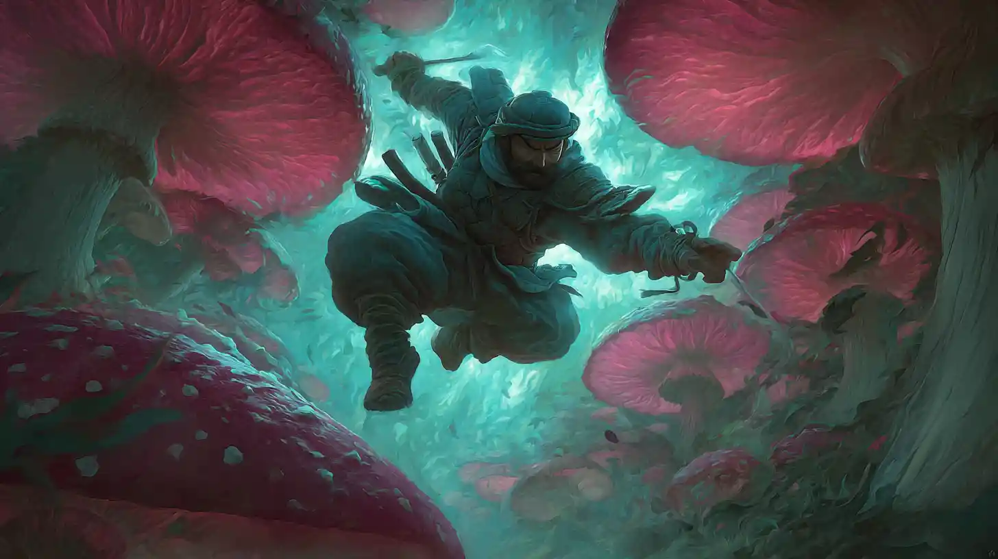 Flying mushroom ninja kicking through a moonlit garden