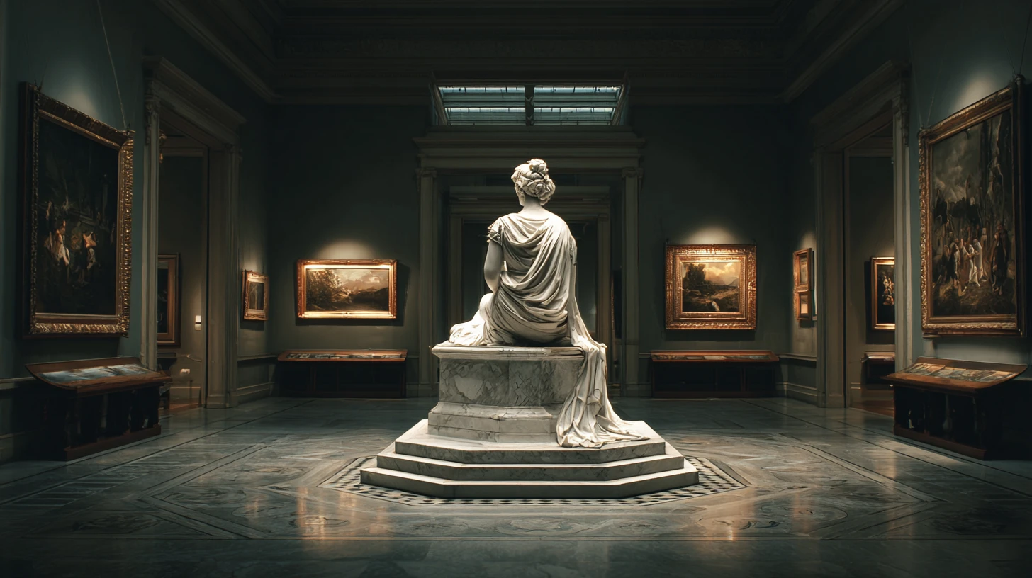 Marble statue of a woman highlighted in a classic museum