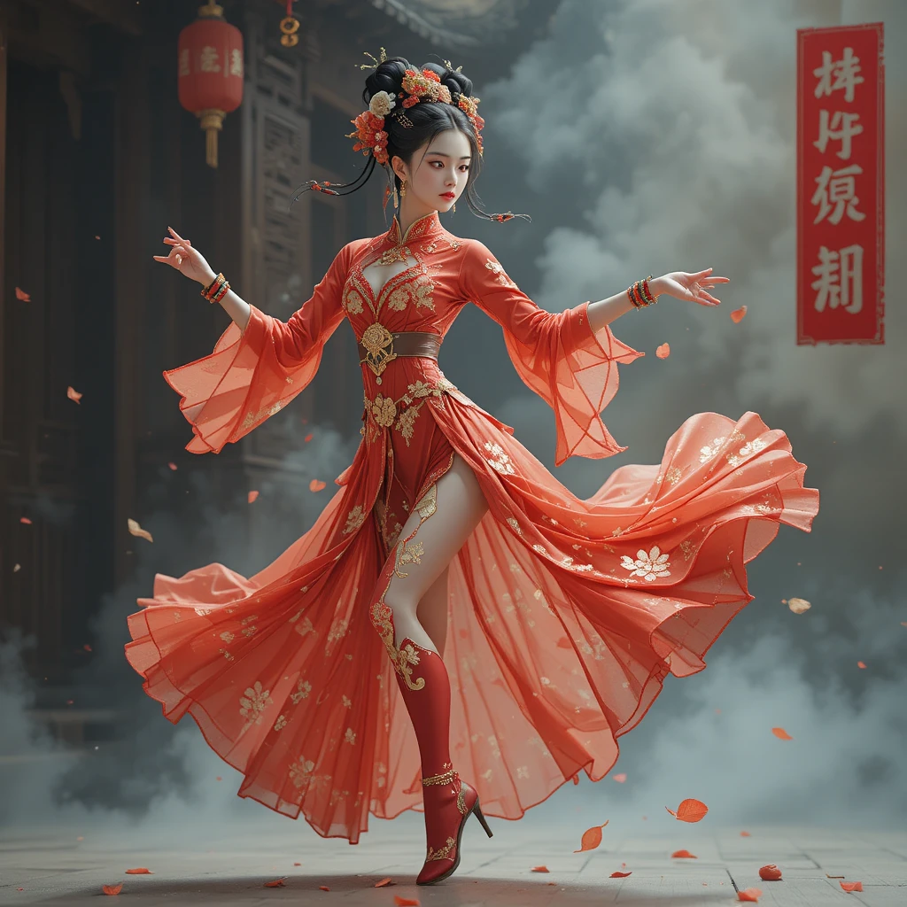 Dea rossa fotorealistica che danza in un’elegante posa ispirata alla Cina