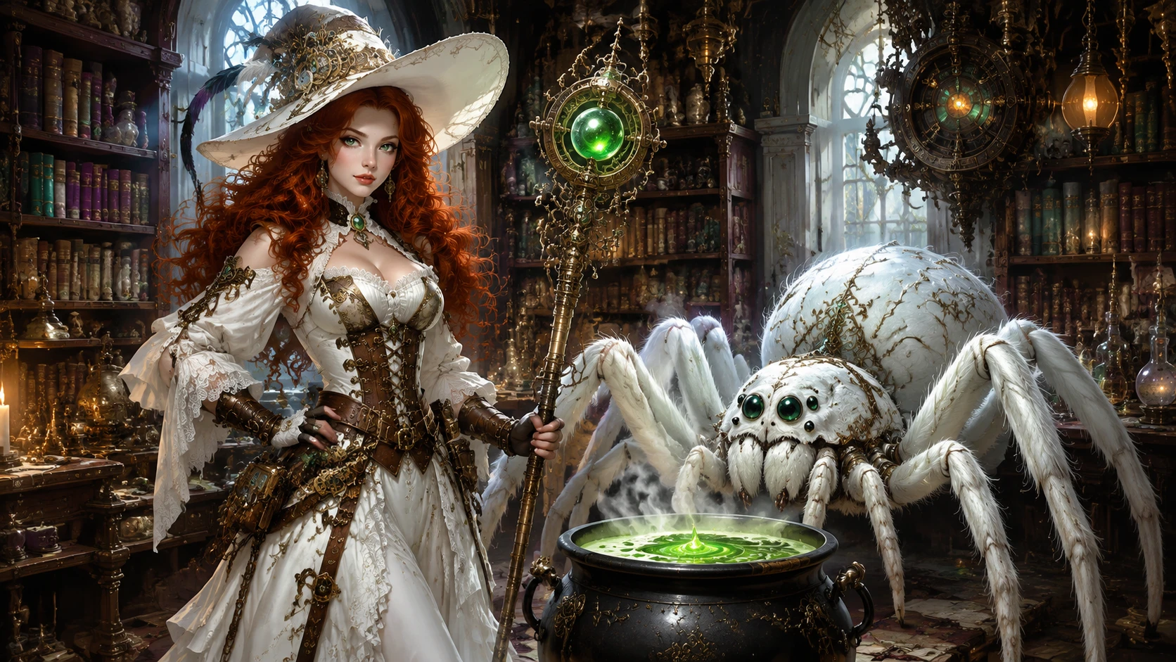 Red haired steampunk witch in a white gown in her library