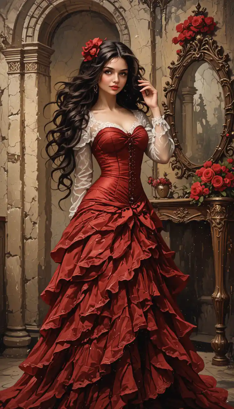 Young woman in red victorian dress in rustic interior