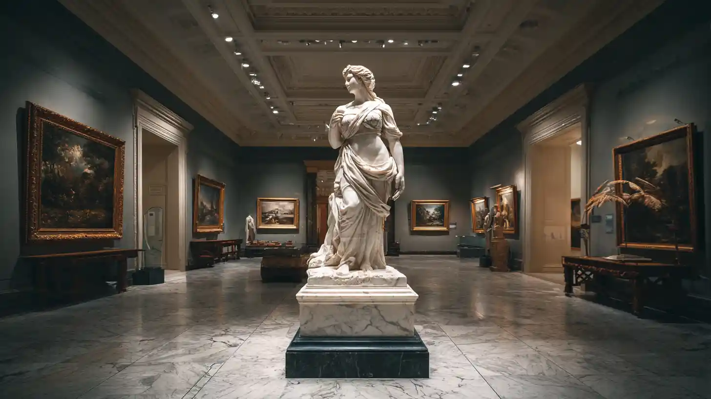 Marble statue of a woman highlighted in a grand museum