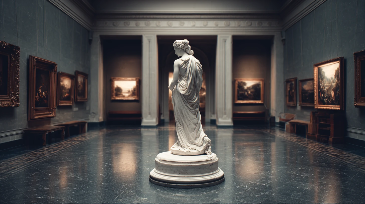 Marble statue of a woman highlighted in a classic museum