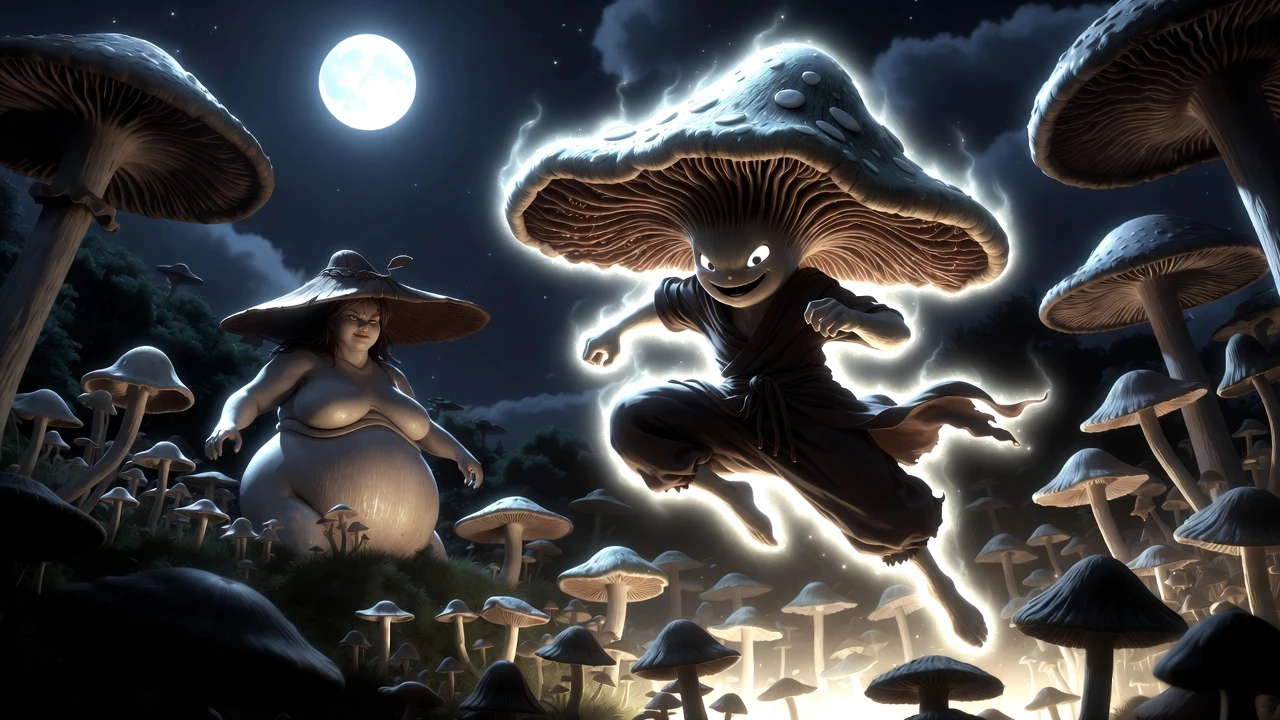 Ninja mushroom warrior flying through a moonlit garden