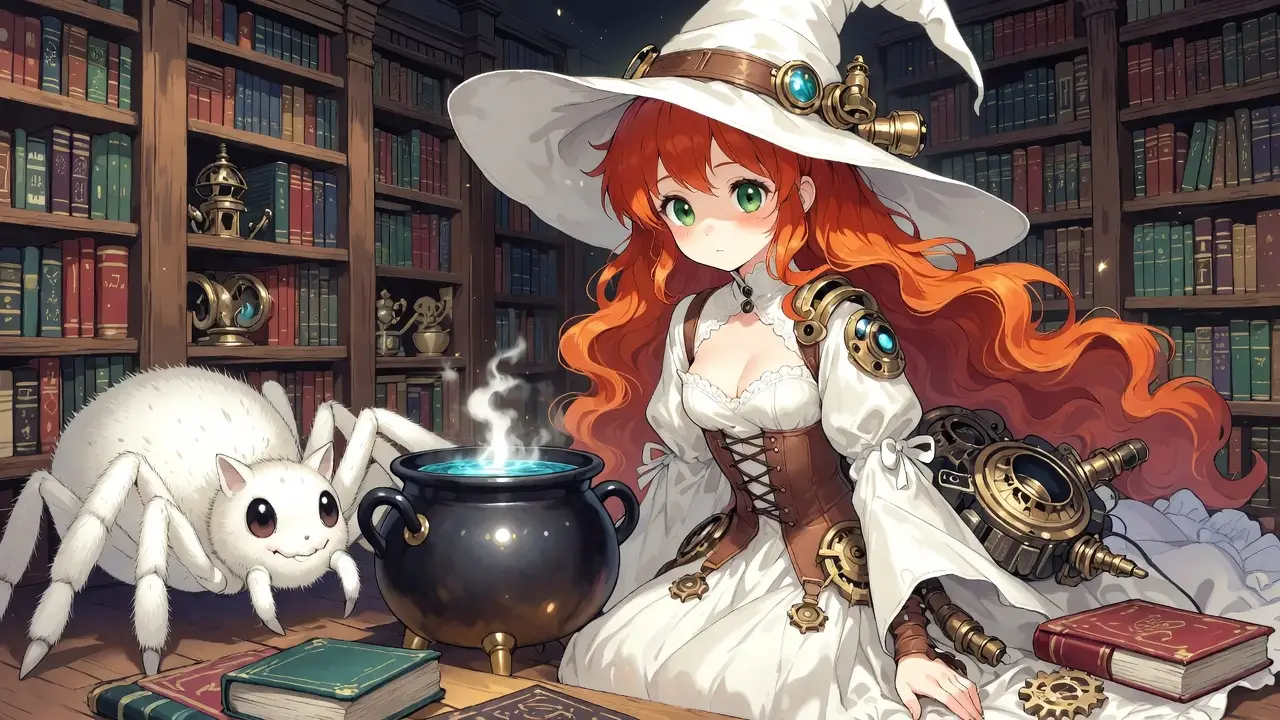 Strega steampunk bianca in una biblioteca magica con calderone