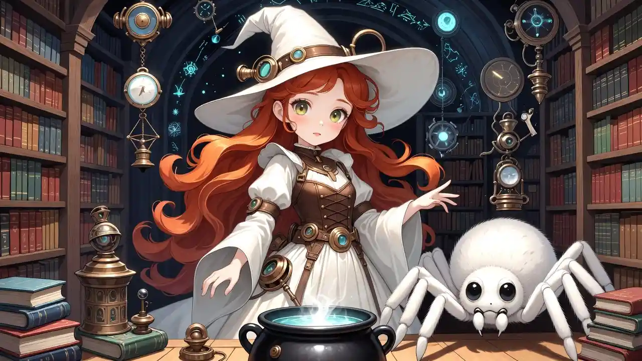 Red haired steampunk witch in a white gown in her library