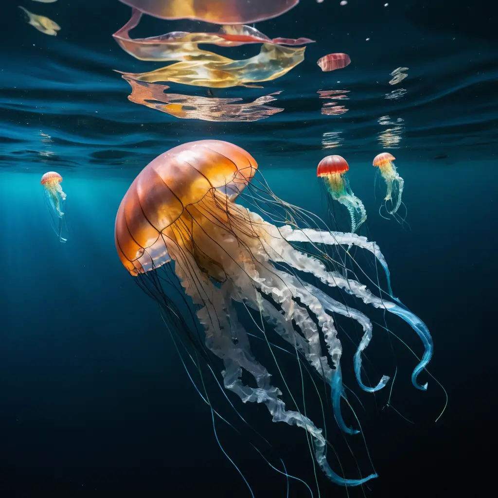 Plastic jellyfish sculpture drifting in deep blue ocean