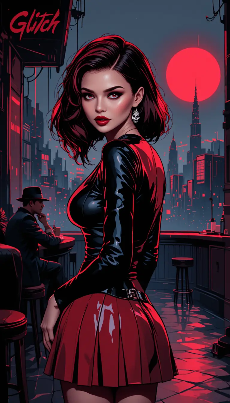 Anime woman in red skirt turning in cyber noir bar scene