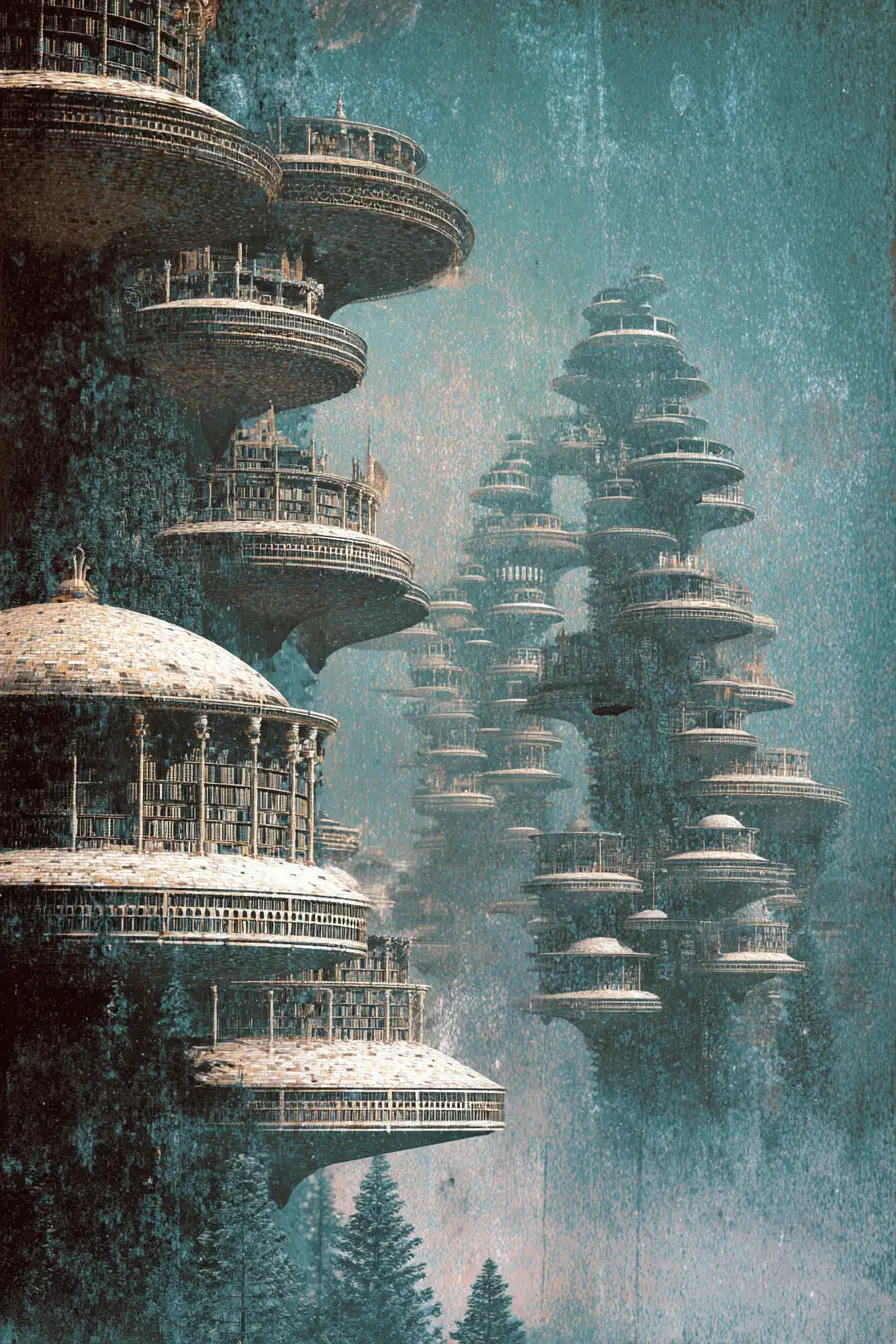 Biblioteca Fantasy Surreale che Emerge da una Mitica Città Sommersa