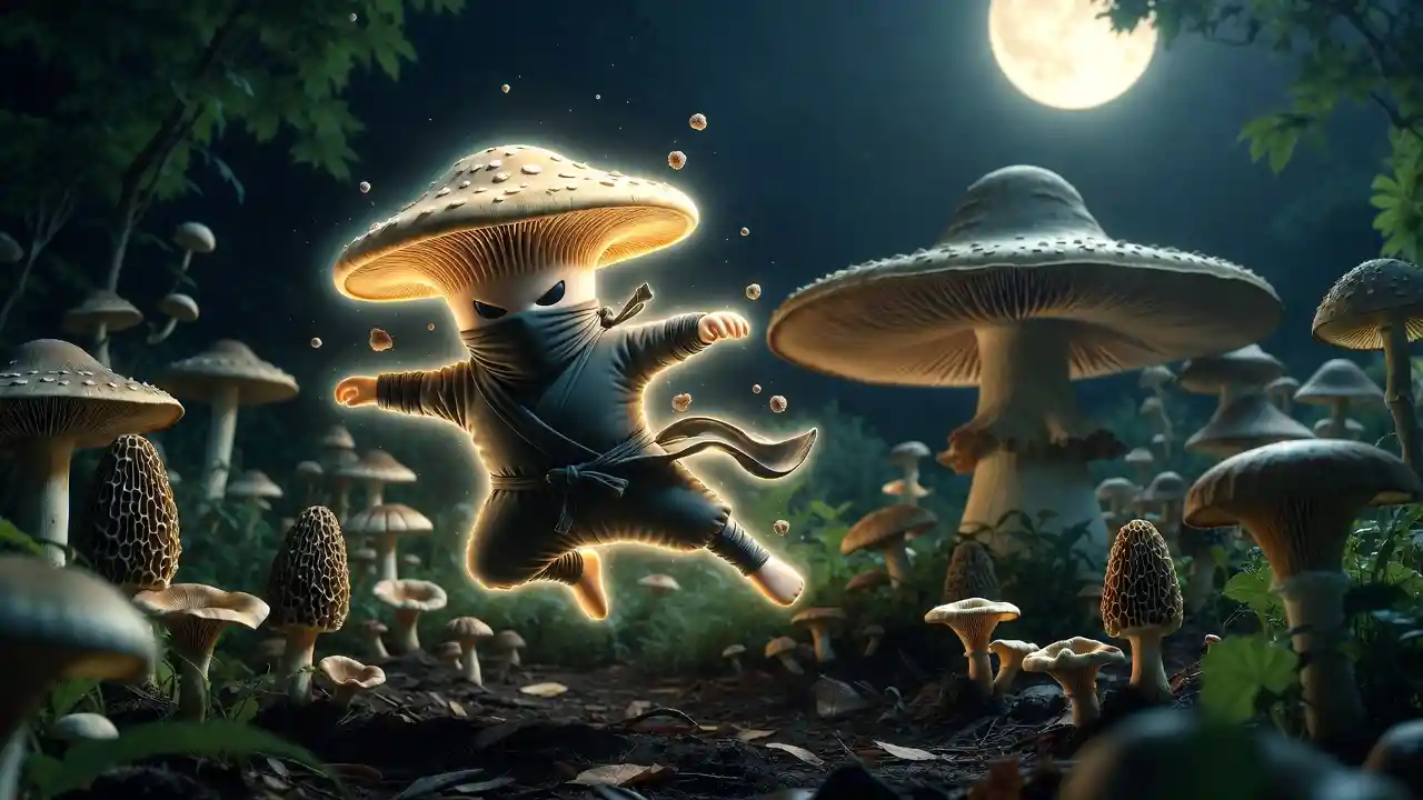 Flying mushroom ninja kicking through a moonlit garden