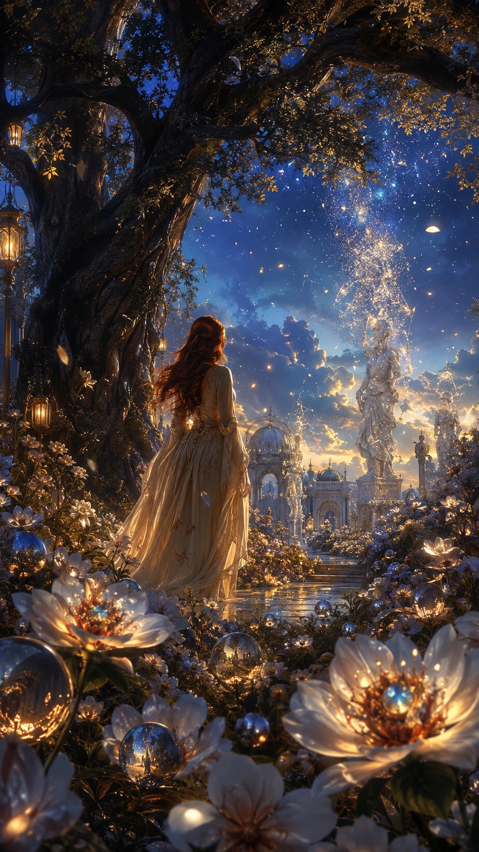 Red haired woman in an immense forgotten palace garden