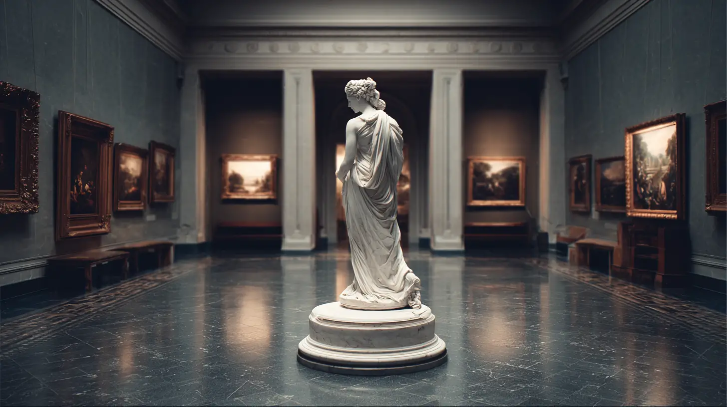 Marble statue of a woman highlighted in a classic museum