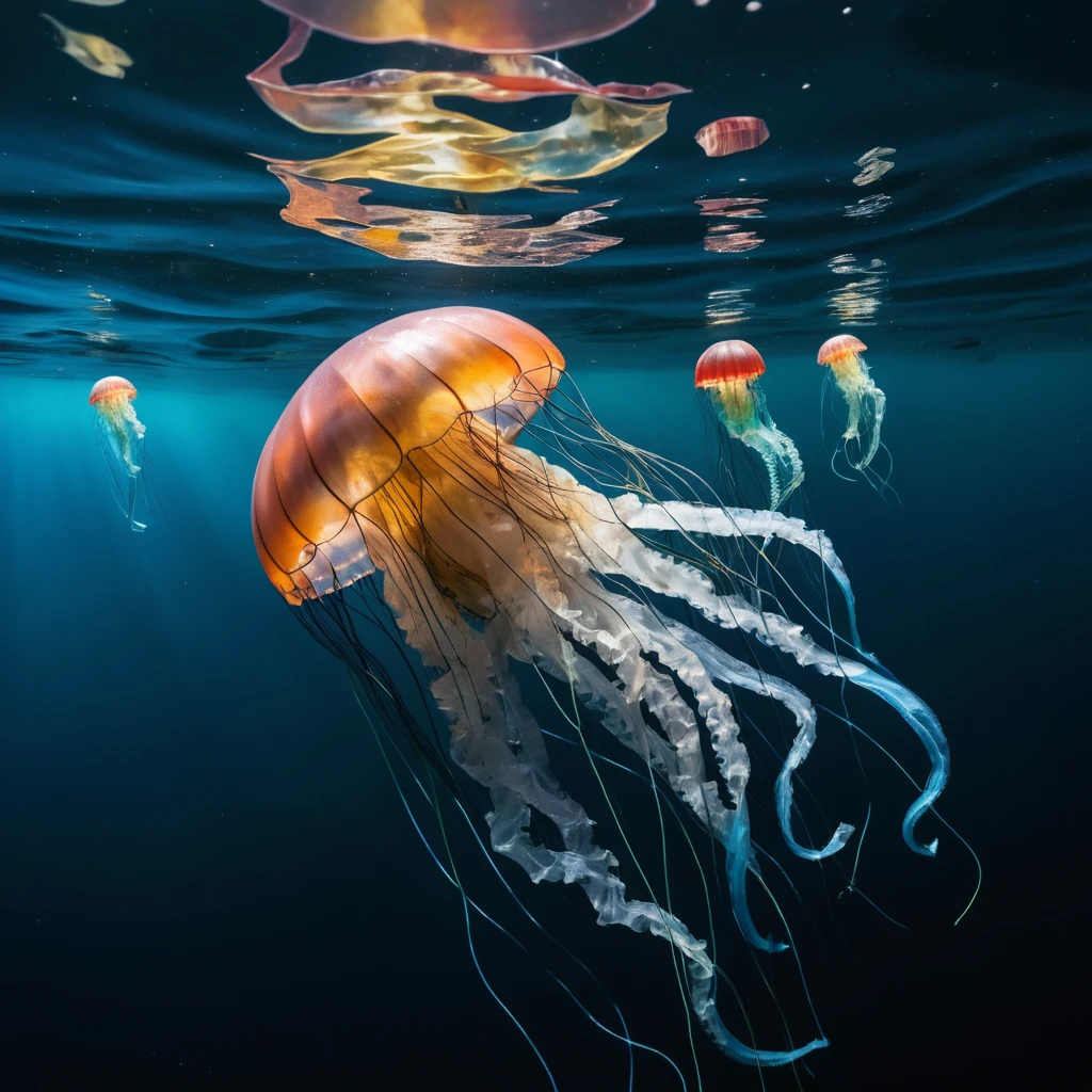 Plastic jellyfish sculpture drifting in deep blue ocean