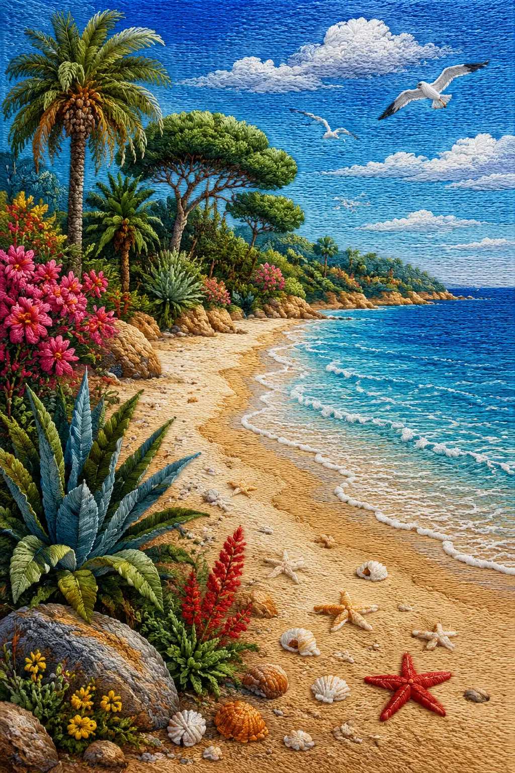 Colorful embroidery of a serene mediterranean beach landscape