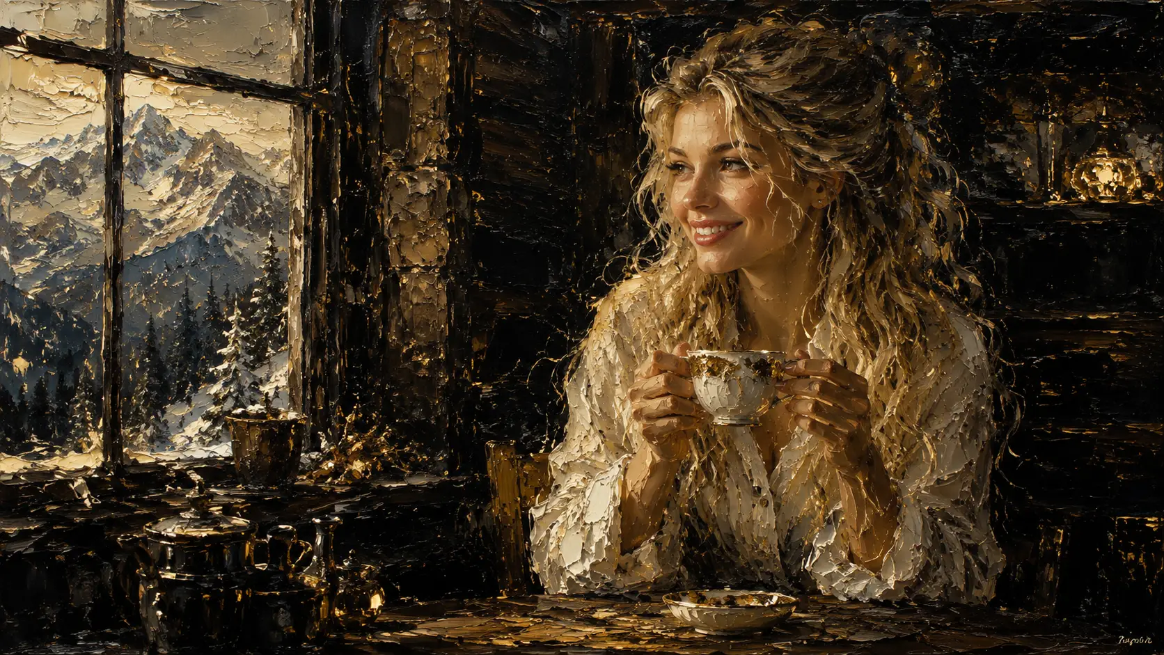 Smiling blonde woman with tea in a rustic cabin