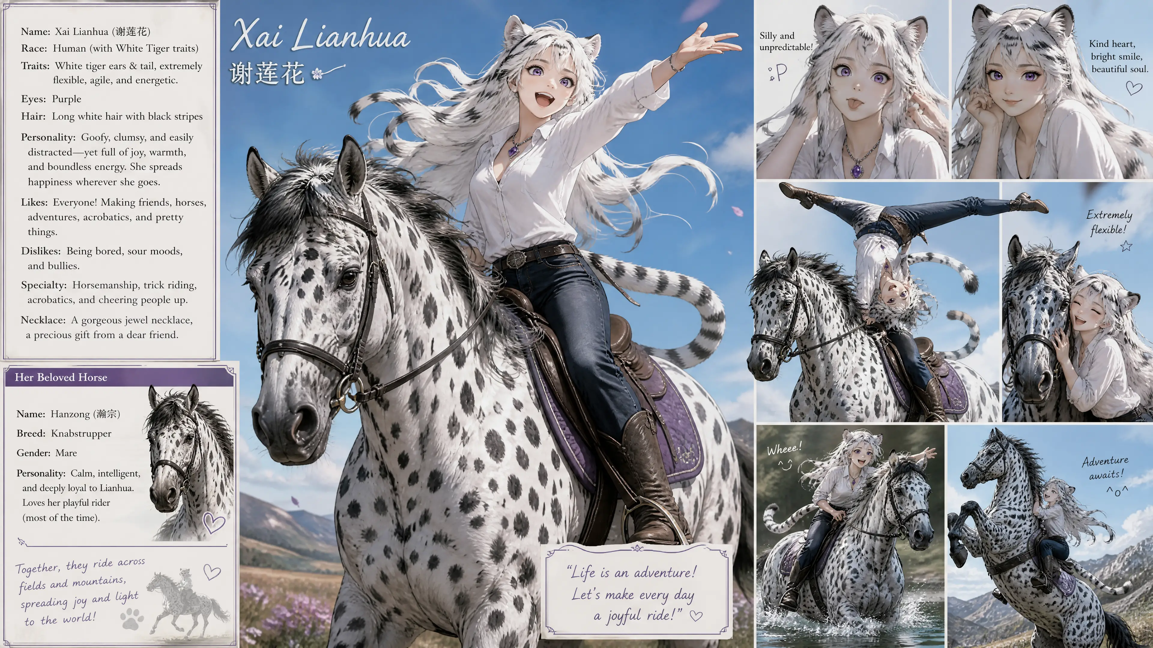 Cheerful white tiger woman riding a spotted horse