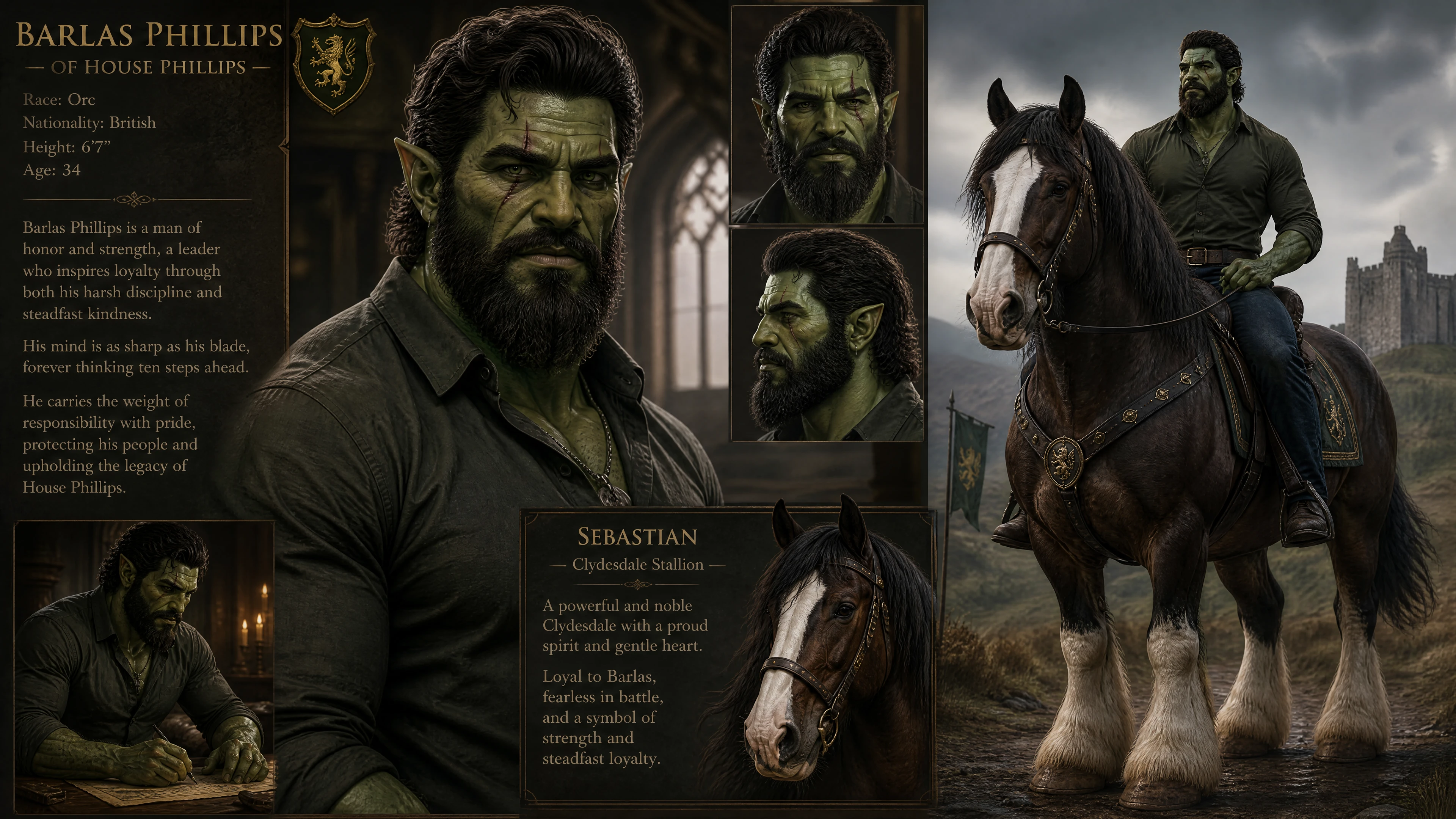 Noble green orc horseman riding a strong clydesdale stallion