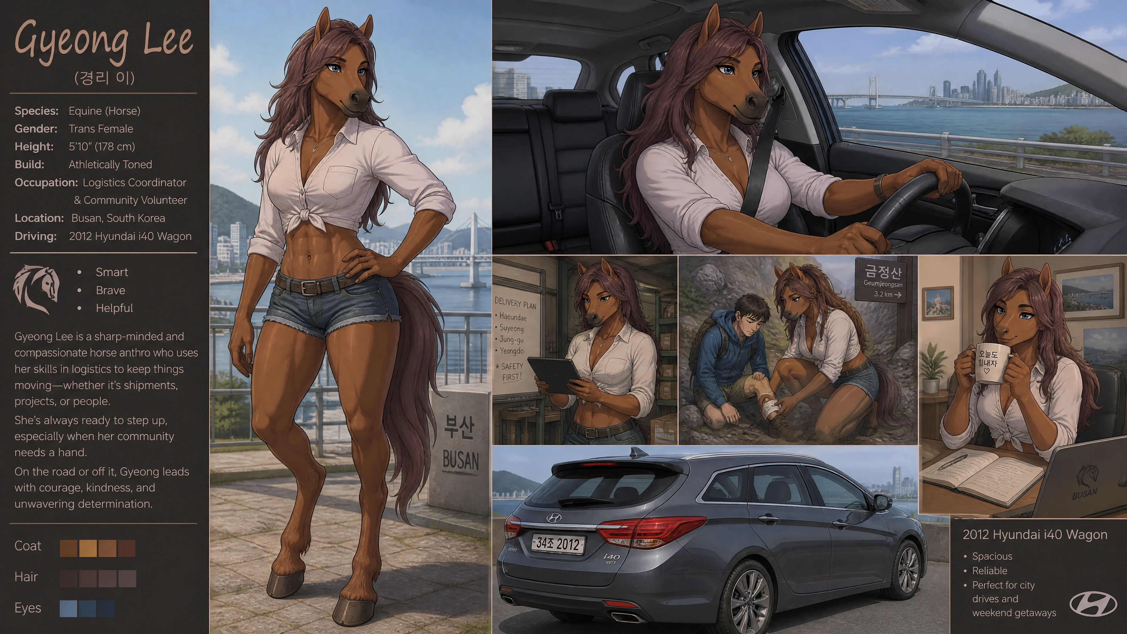 Anthro Korean horse woman driving a casual station wagon
