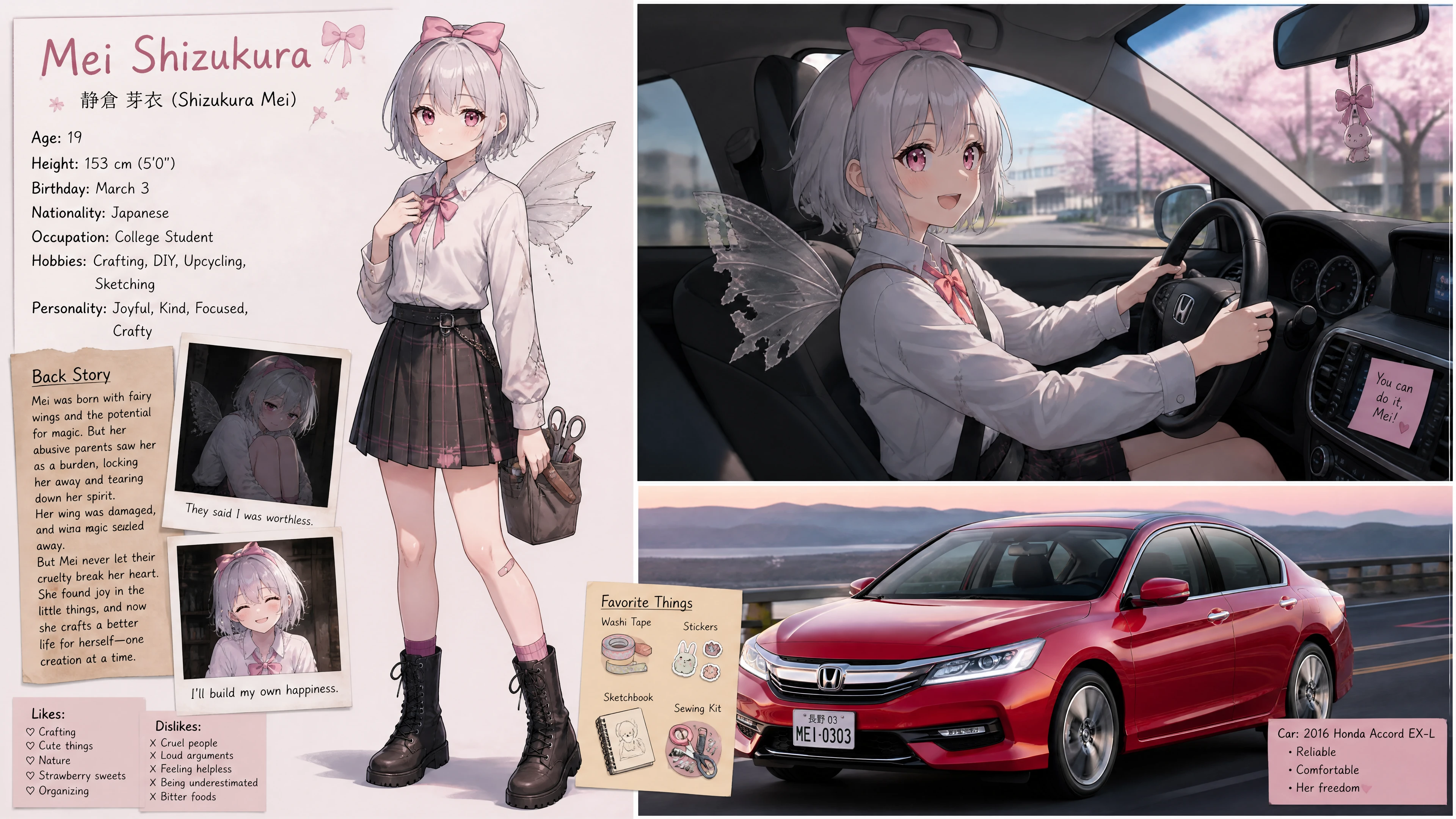 Joyful anime girl with broken fairy wing driving a car