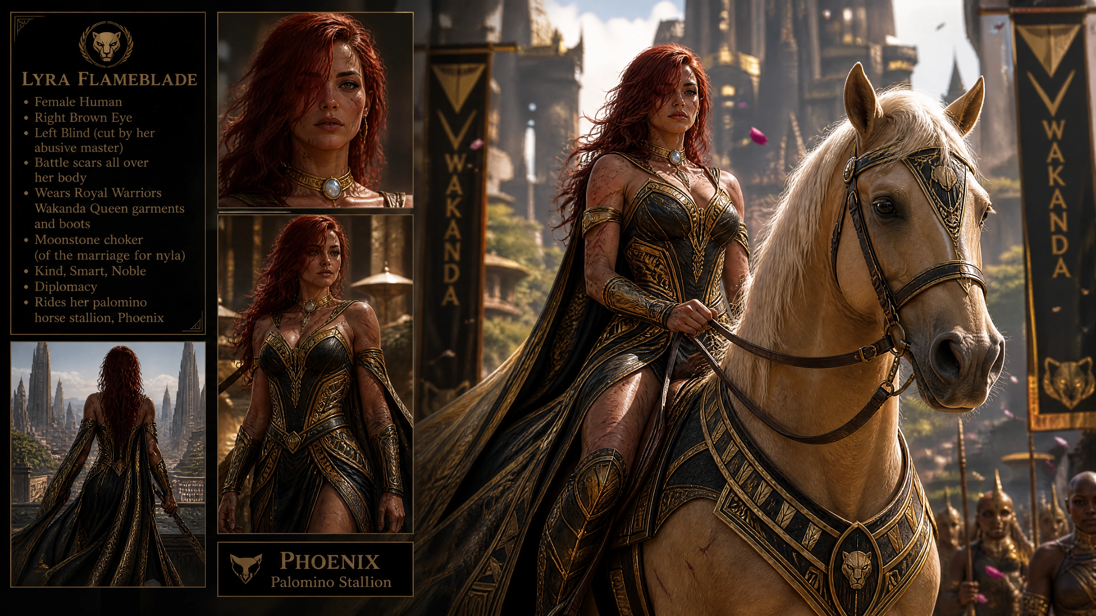 Scarred red haired warrior woman riding a palomino stallion