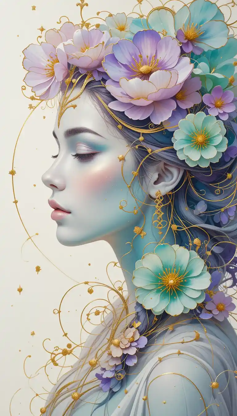 Fantasy woman with golden flowers in harmonic purple green aura