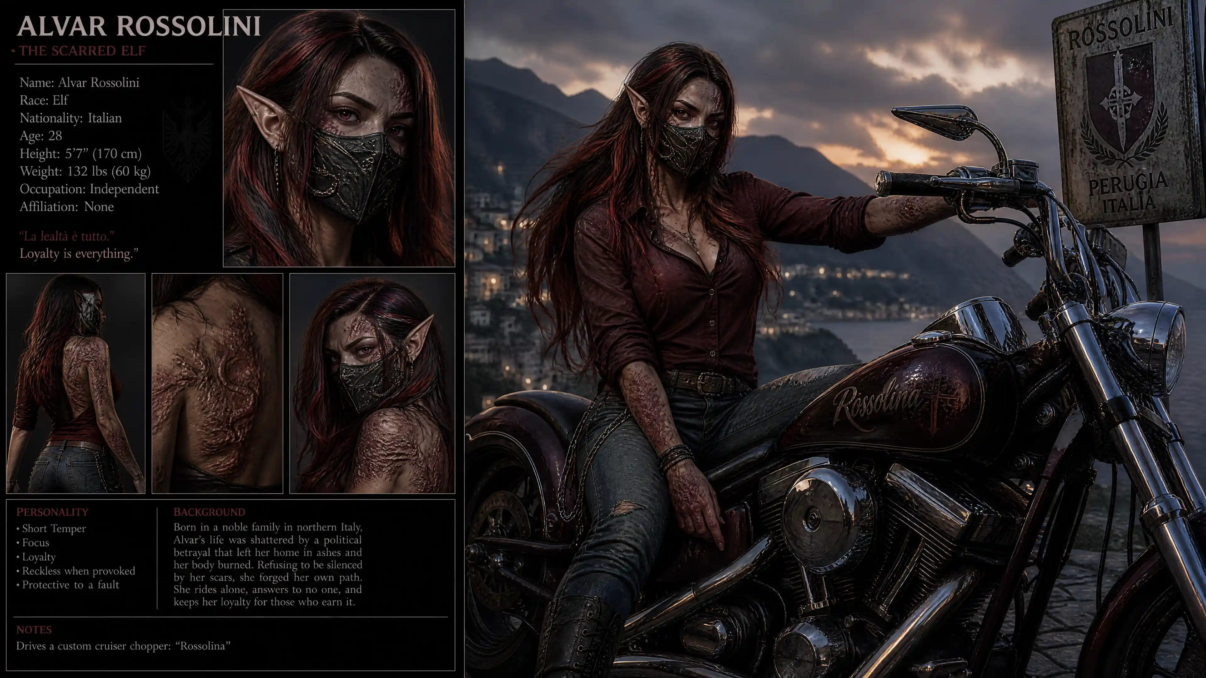 Scarred Italian elf woman riding a cruiser motorcycle