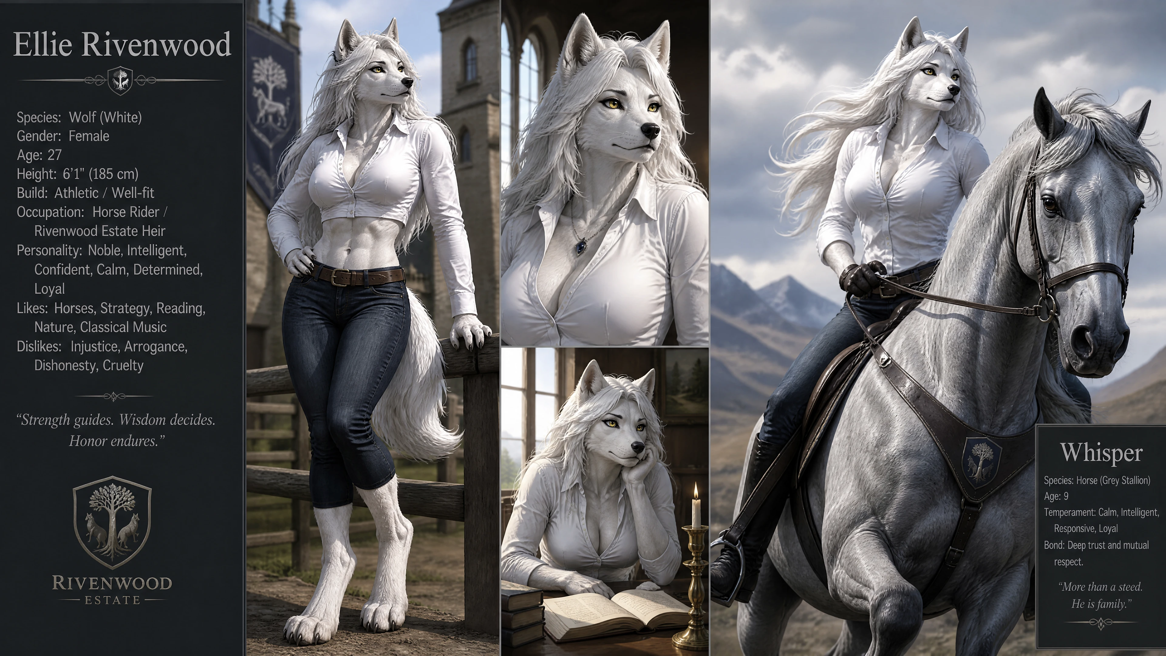 Anthro white wolf woman riding a grey horse stallion
