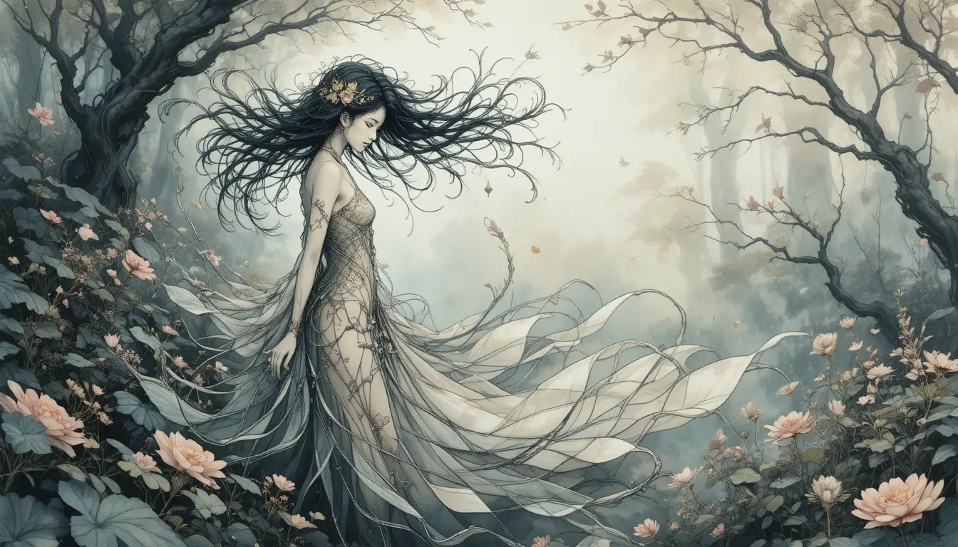 Ethereal woman in flowing garments in a mystical forest