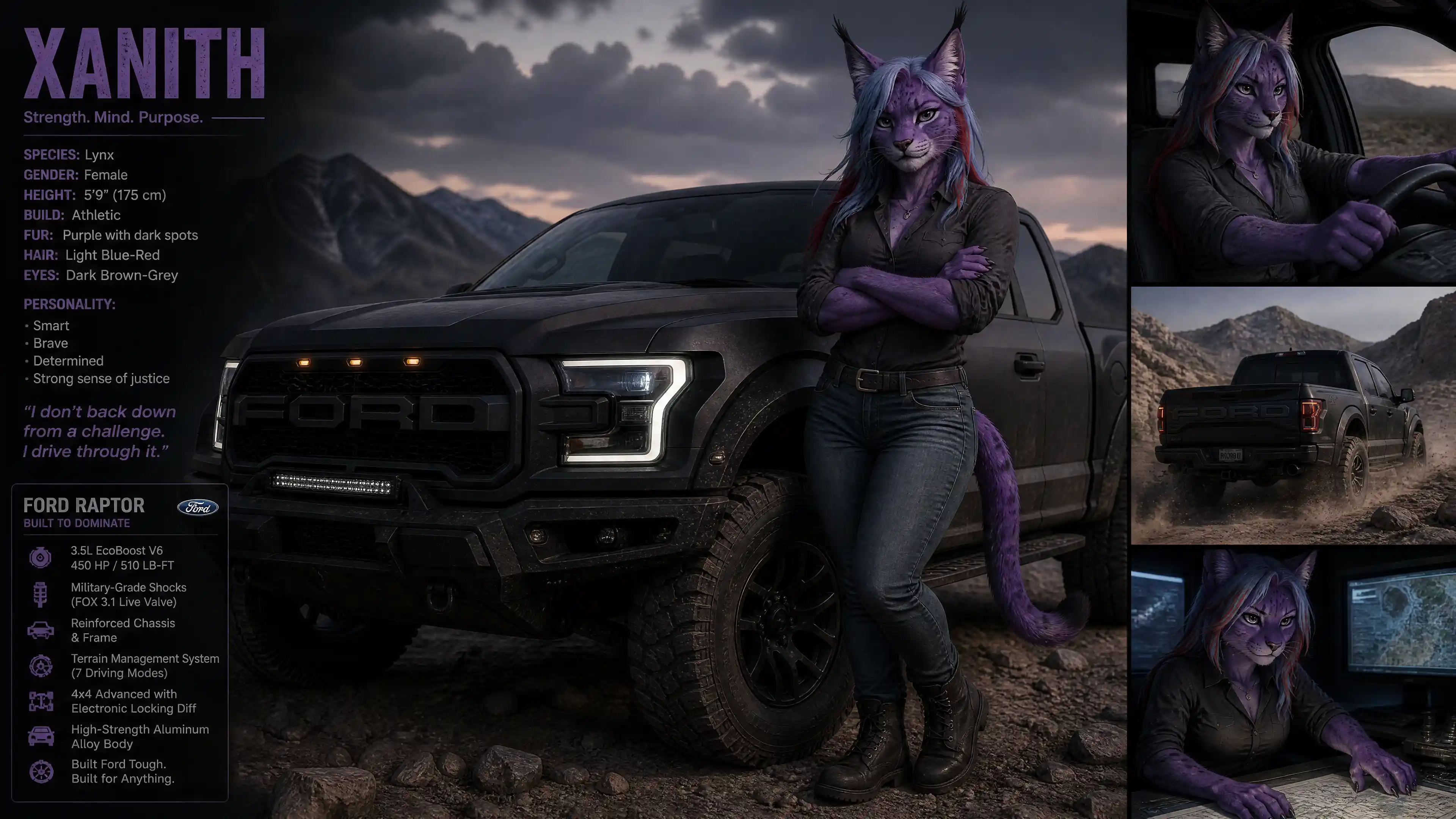 Anthro purple lynx woman driving a matte black truck