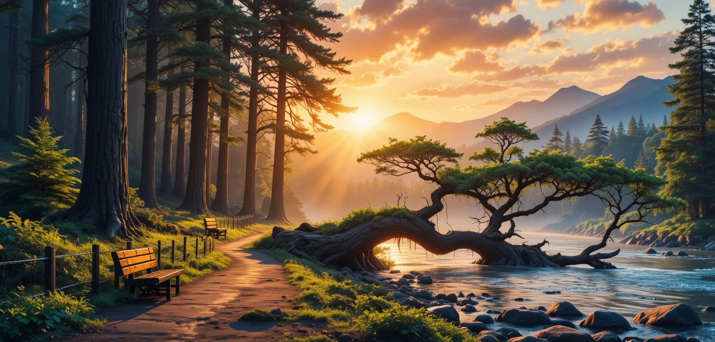 Forest path and river glowing with warm sunset rays