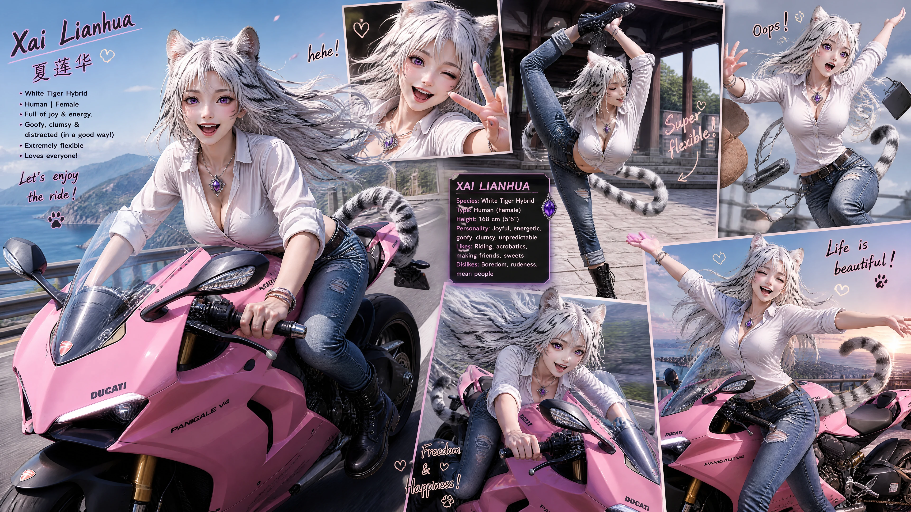 Cheerful white tiger girl riding a pink motorcycle