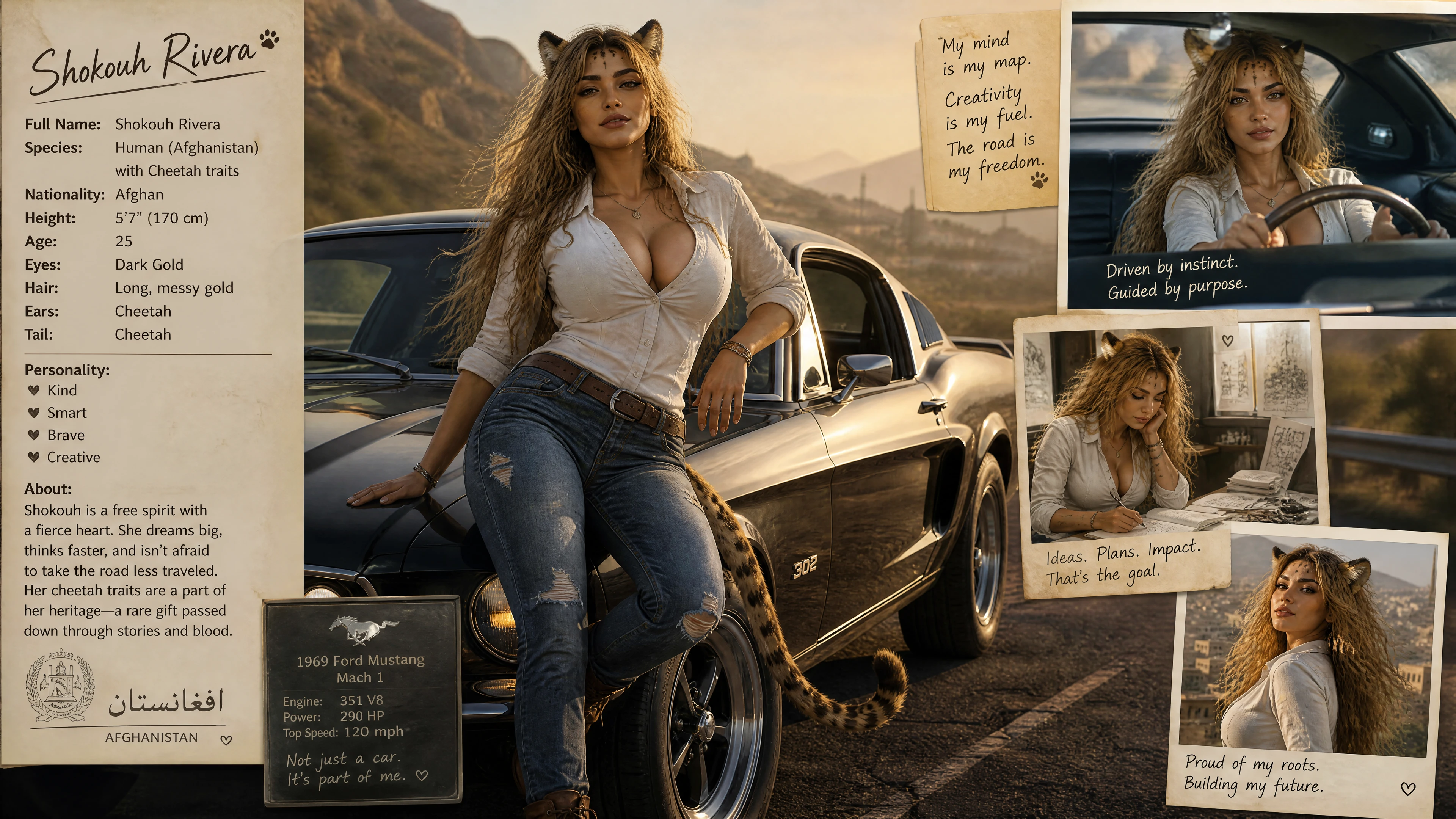 Cheetah eared Afghanistan woman driving a classic pony car