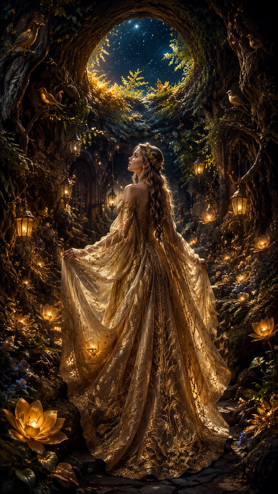 Donna fantastica che scopre un giardino segreto sotto un albero antico