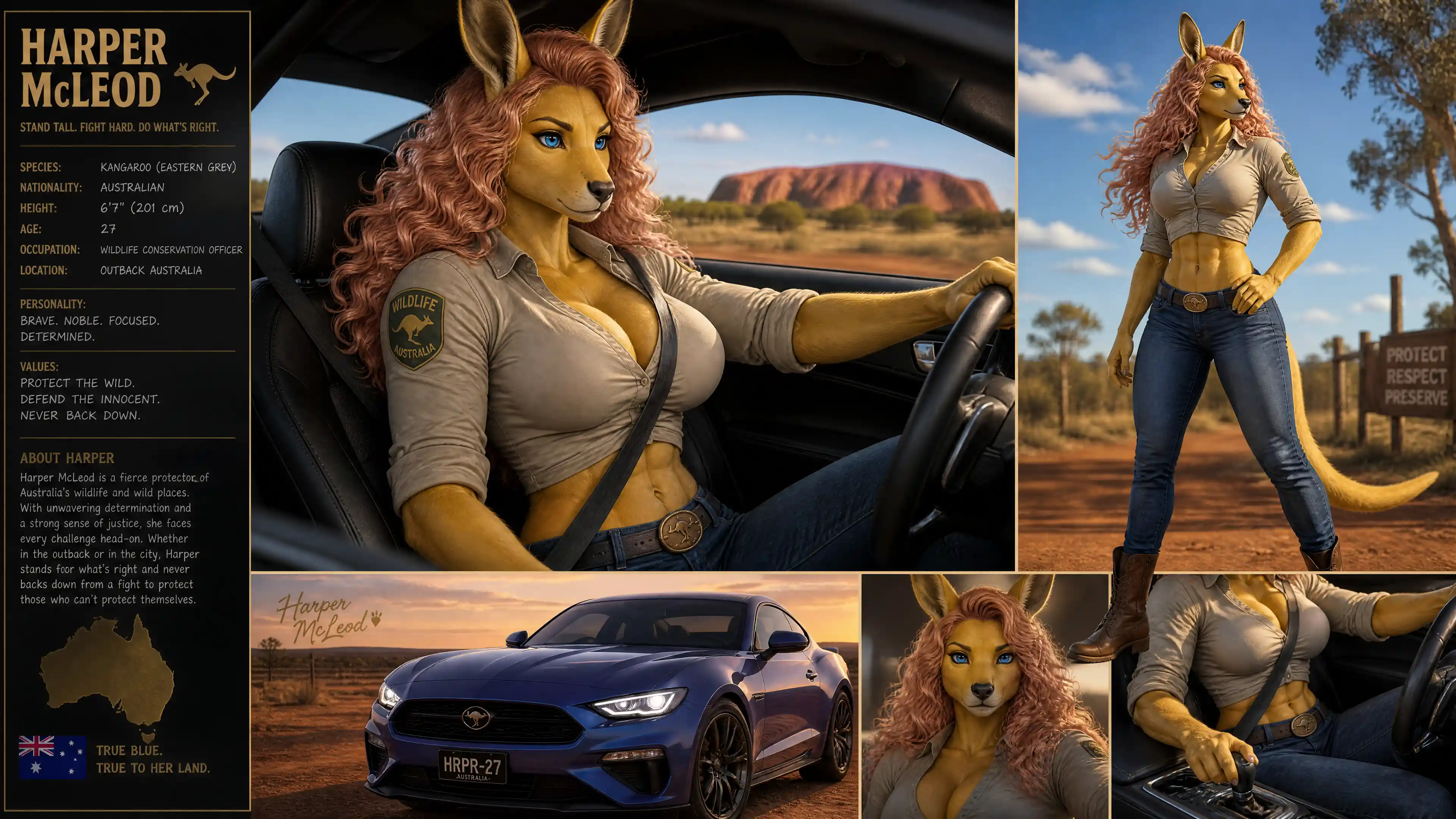 Anthro kangaroo woman driving a coupe in casual clothes