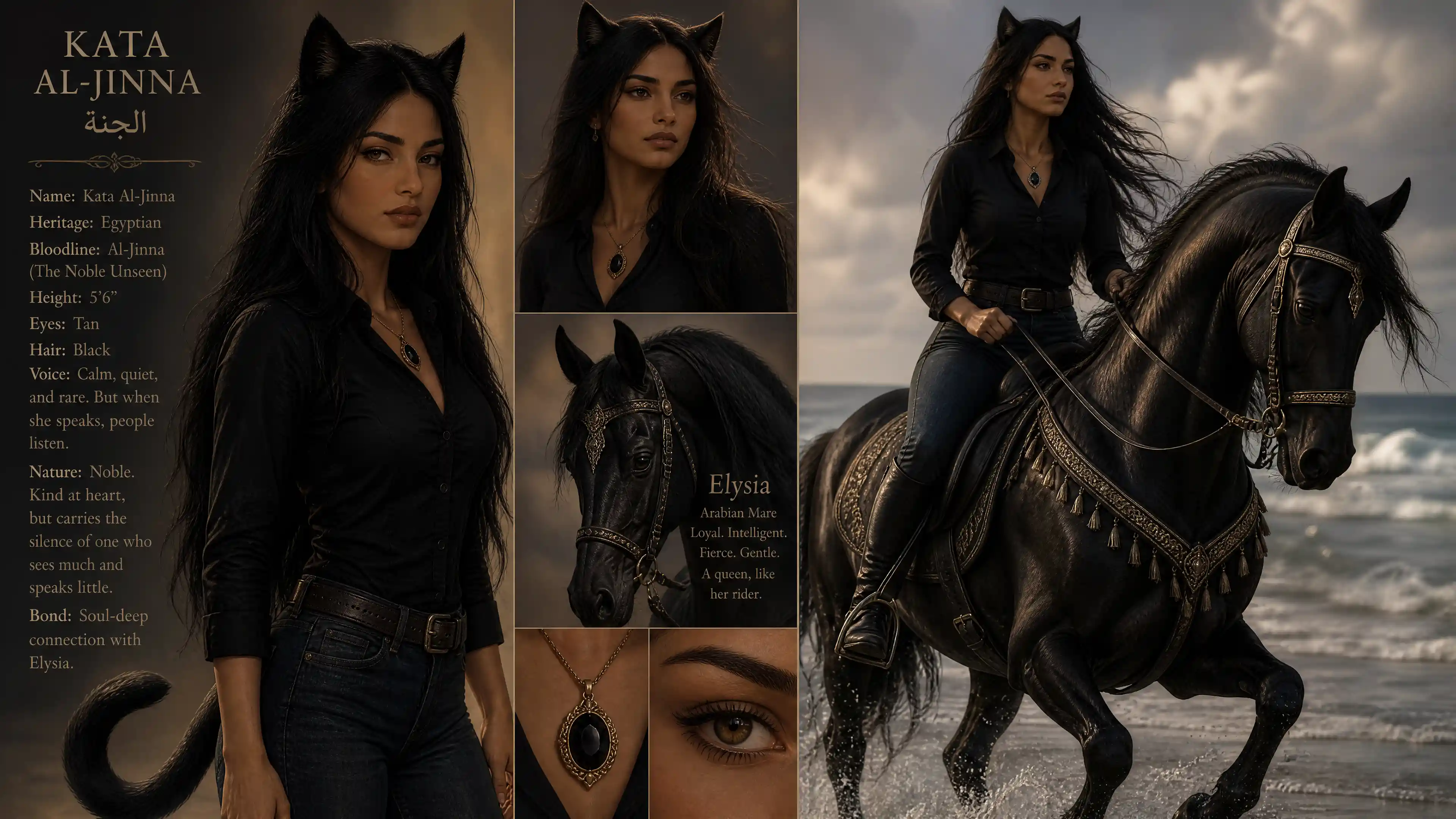 Fantasy woman with black lion features riding an arabian horse