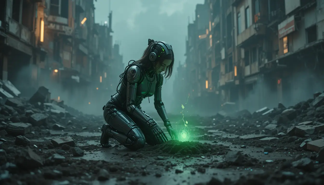 Cybernetic woman planting a glowing seed in ruined city