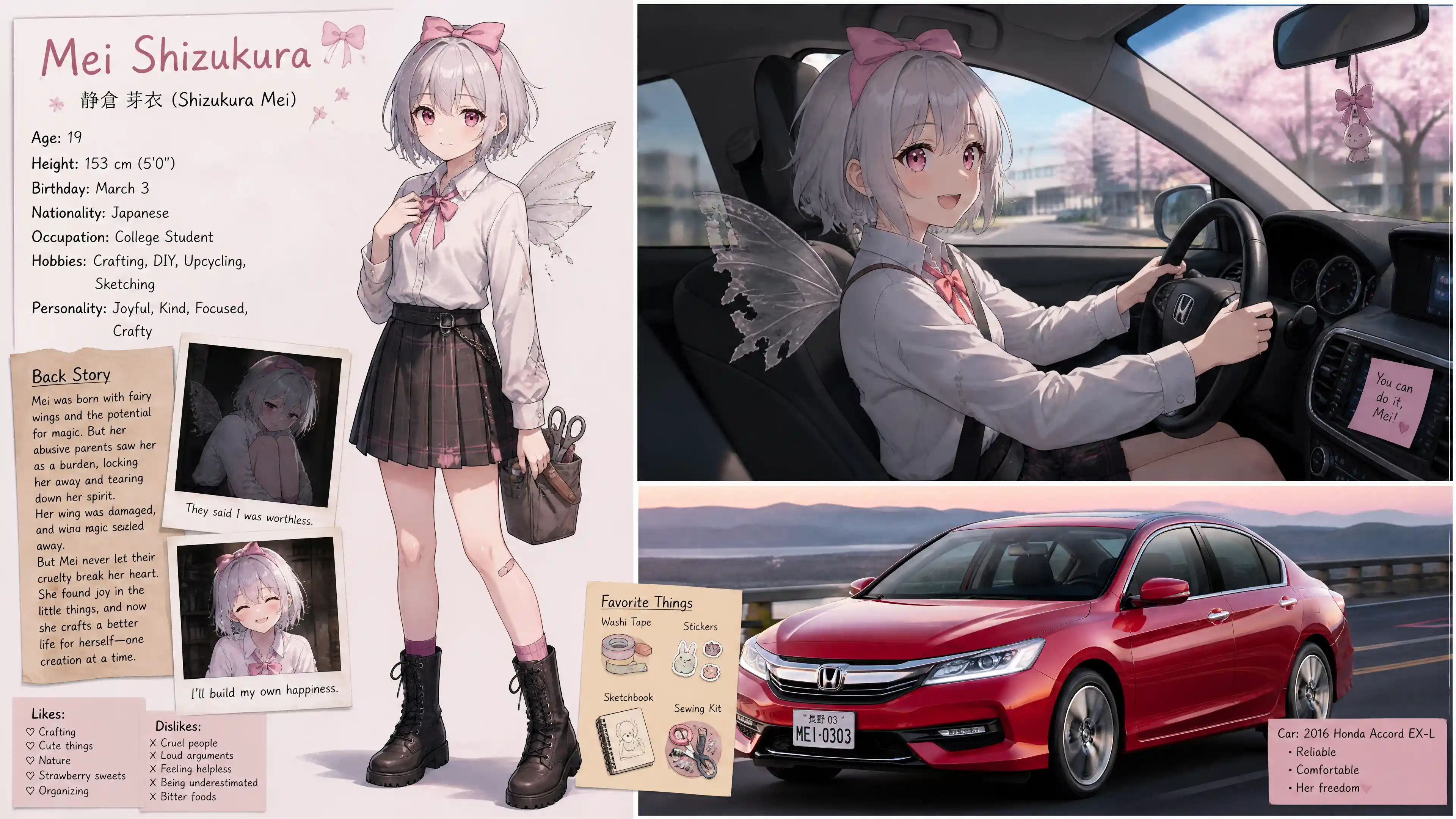 Joyful anime girl with broken fairy wing driving a car