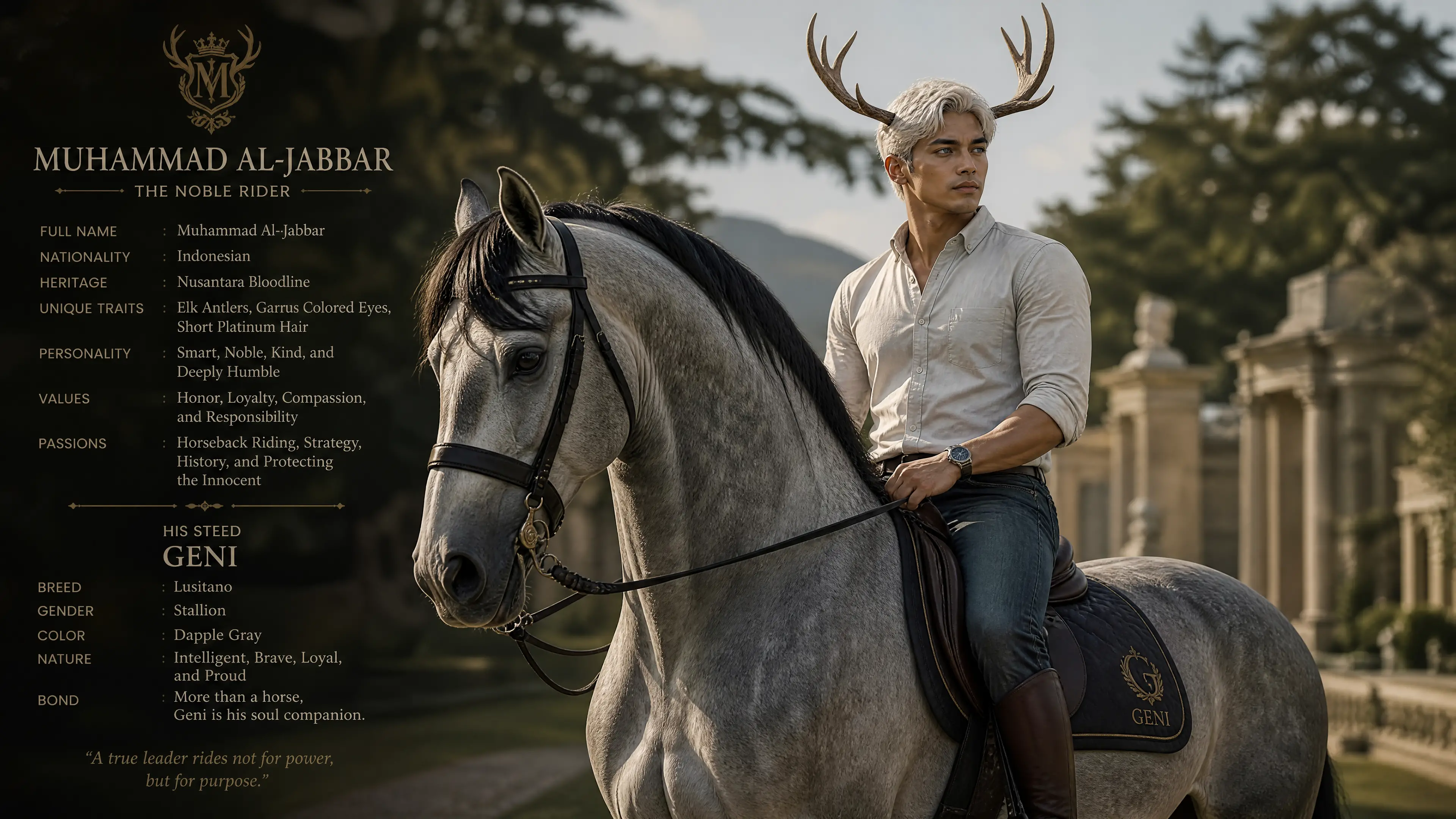 Noble Indonesian horse rider with antlers on lusitano stallion