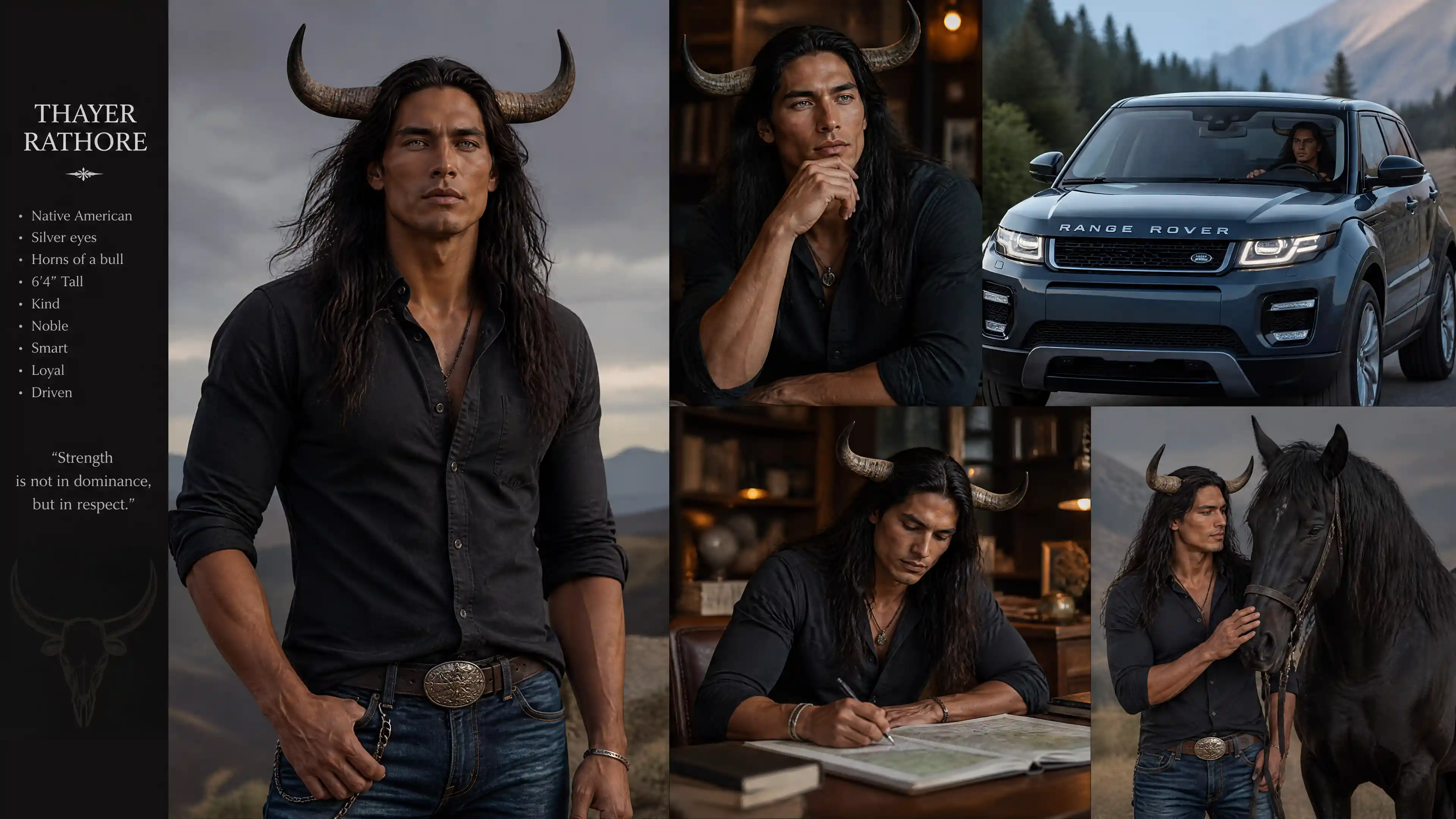 Tall horned native american man in a modern suv