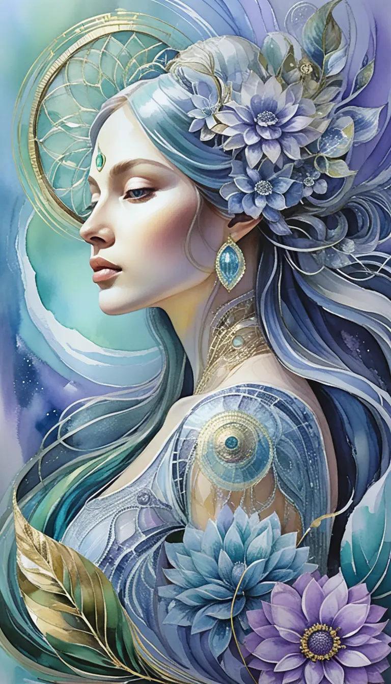 Donna fantasy circondata da energia floreale a sezione aurea