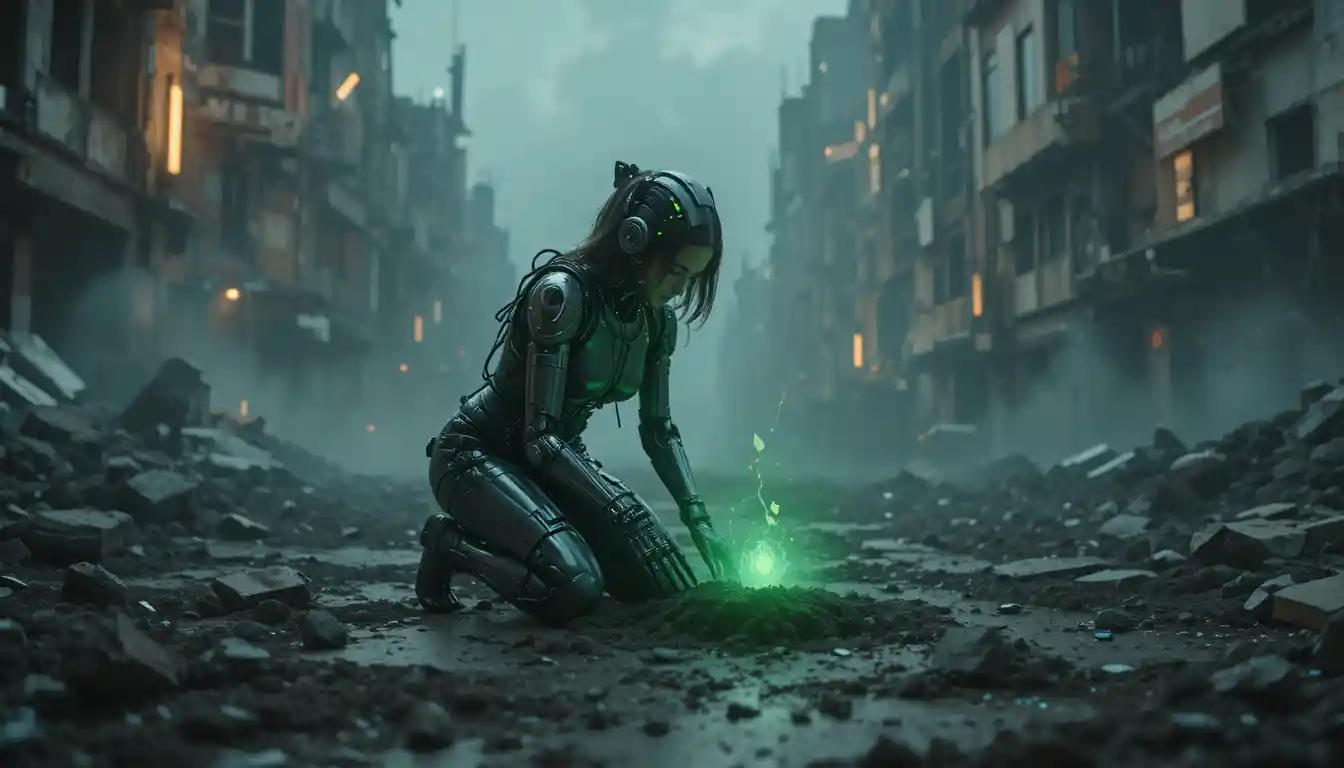 Cybernetic woman planting a glowing seed in ruined city