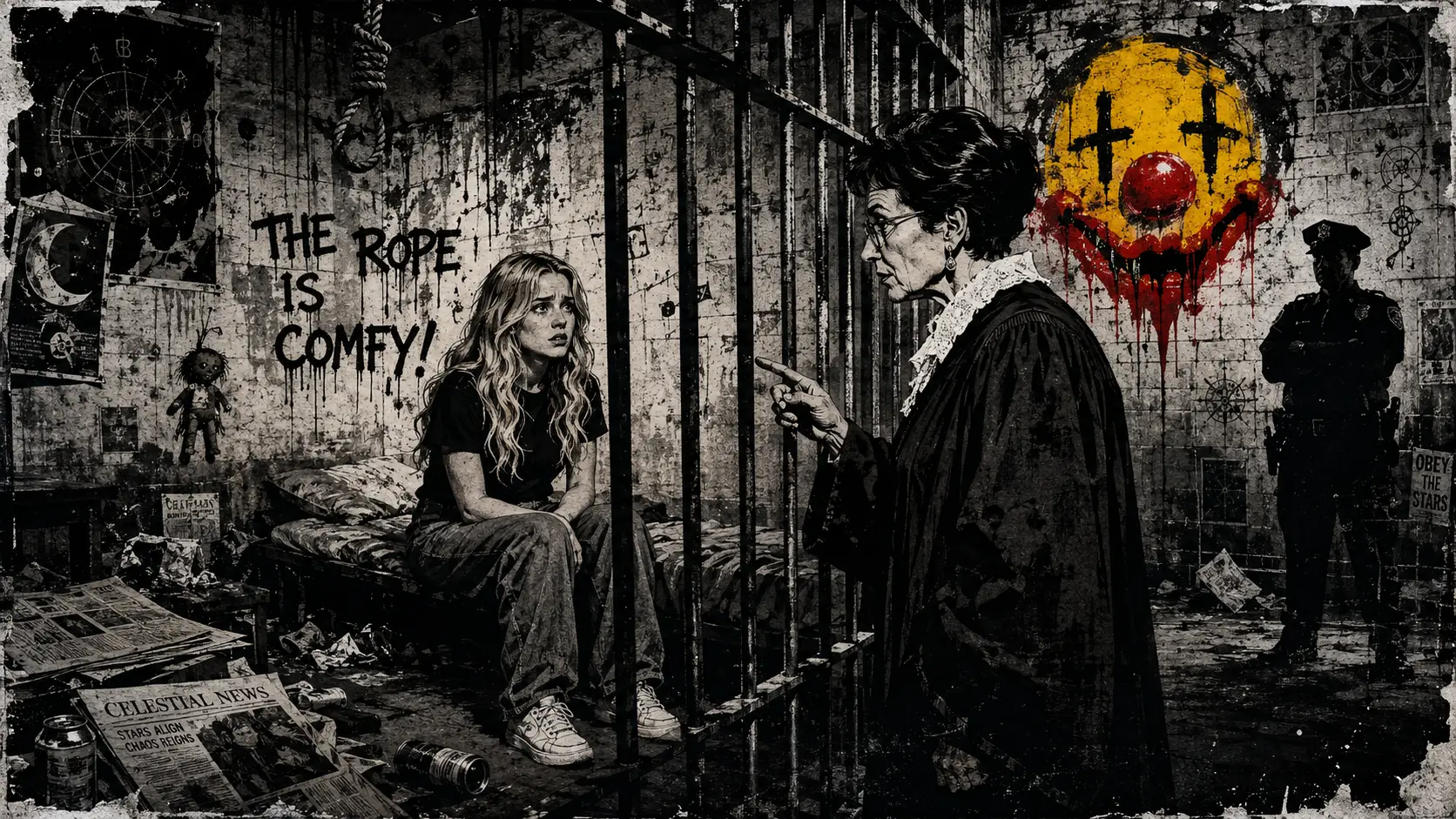 Scared blonde woman sitting on a grimy prison bed