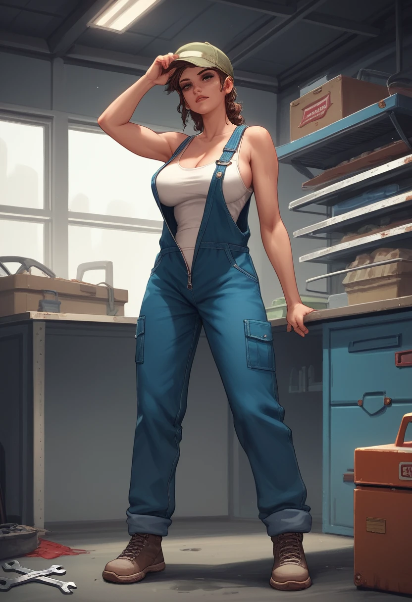 Grease stained woman mechanic cleaning a modern roadster motorcycle