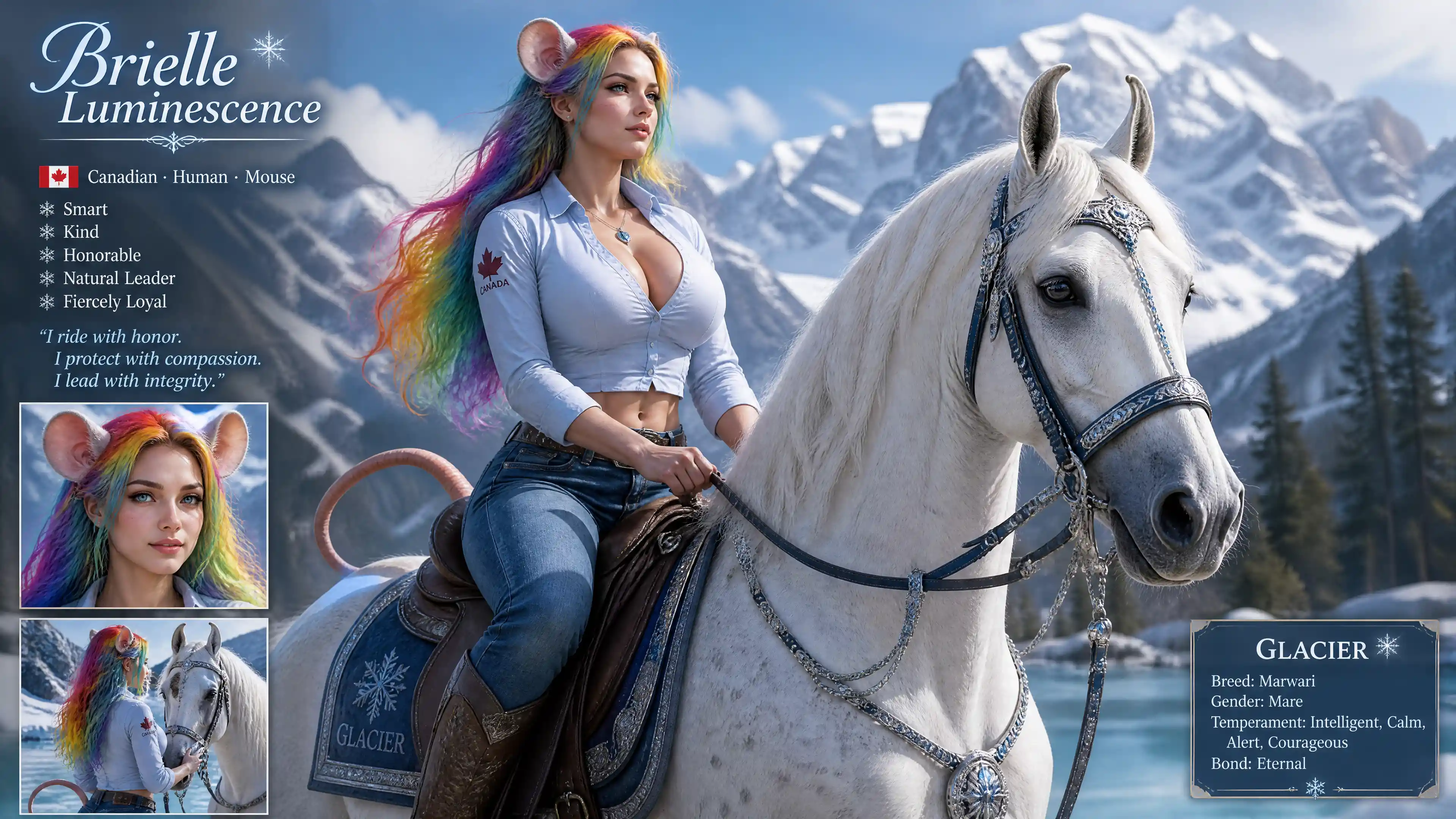 Fantasy horse rider with mouse features and rainbow hair