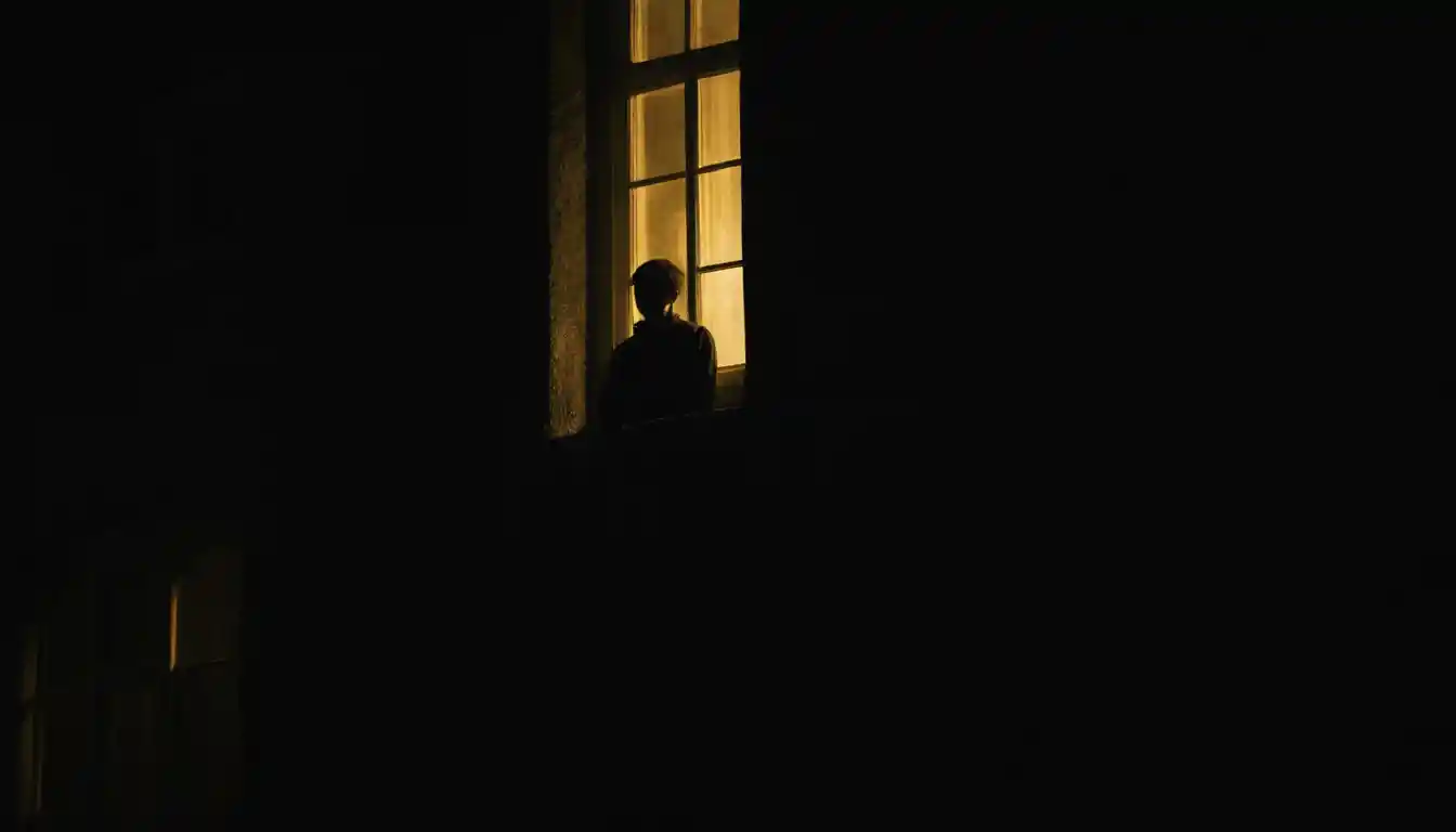 Dark figure watching a dimly lit window at night