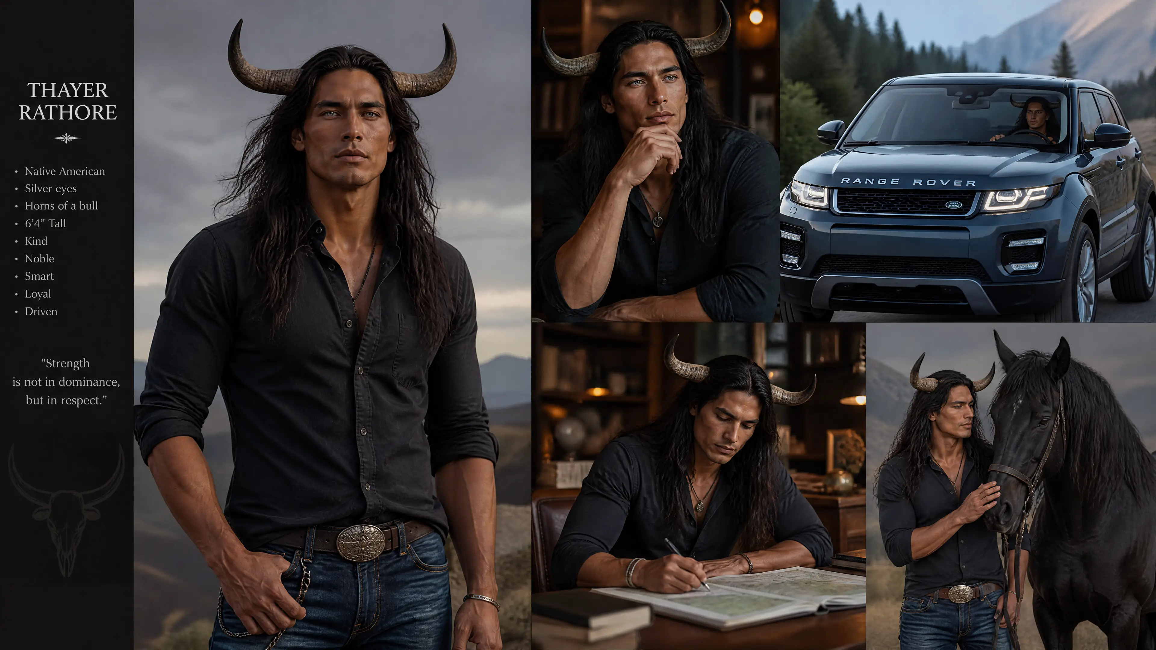 Tall horned native american man in a modern suv