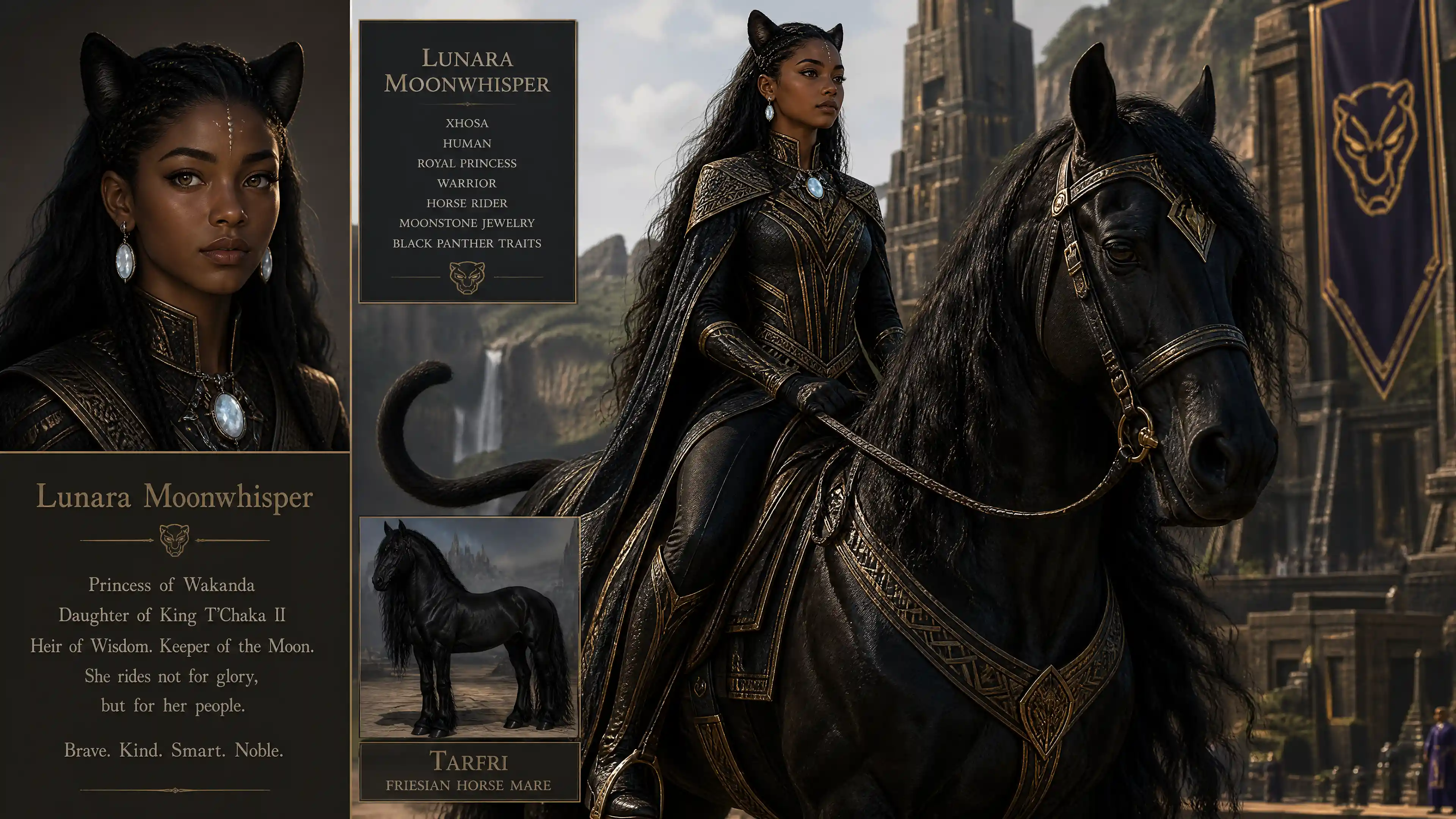 Xhosa princess rider with panther features on black horse