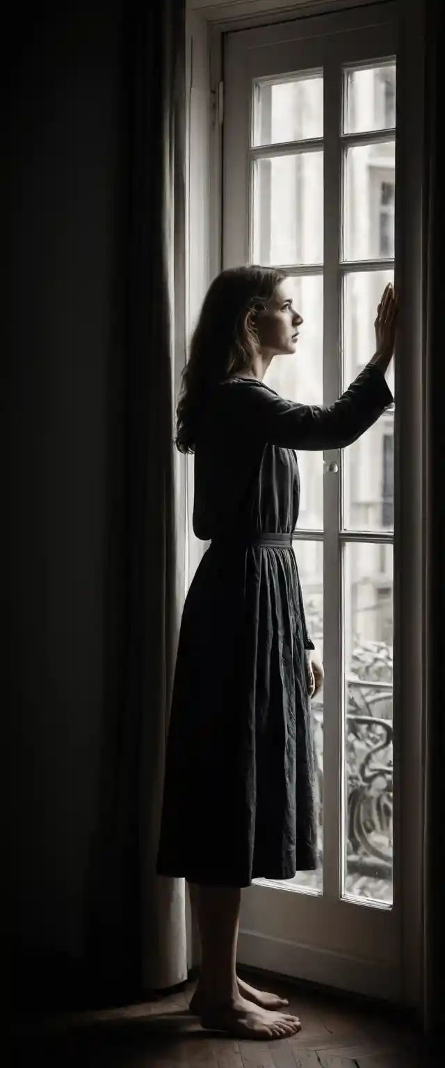 Woman frozen at a window facing a monstrous street shadow