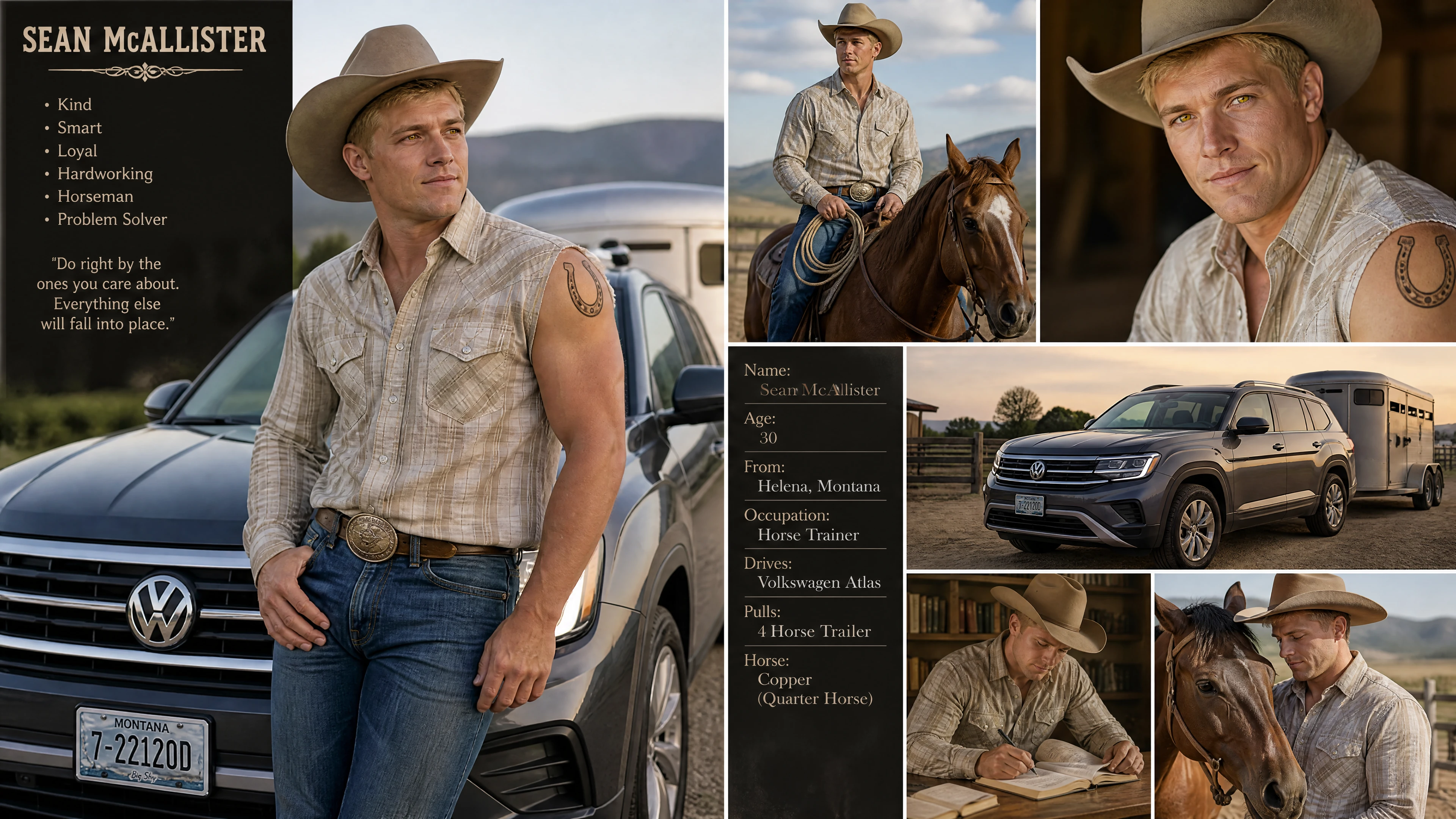 Blond cowboy in western outfit with horse riding gear